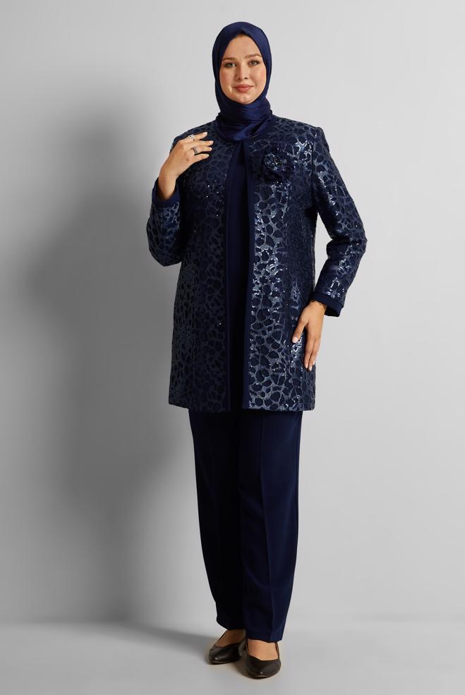 Vêtements hijab BLEU MARINE COSTUME PANTALON TROIS PIÈCES À MOTIFS 30452 - ALVİNA