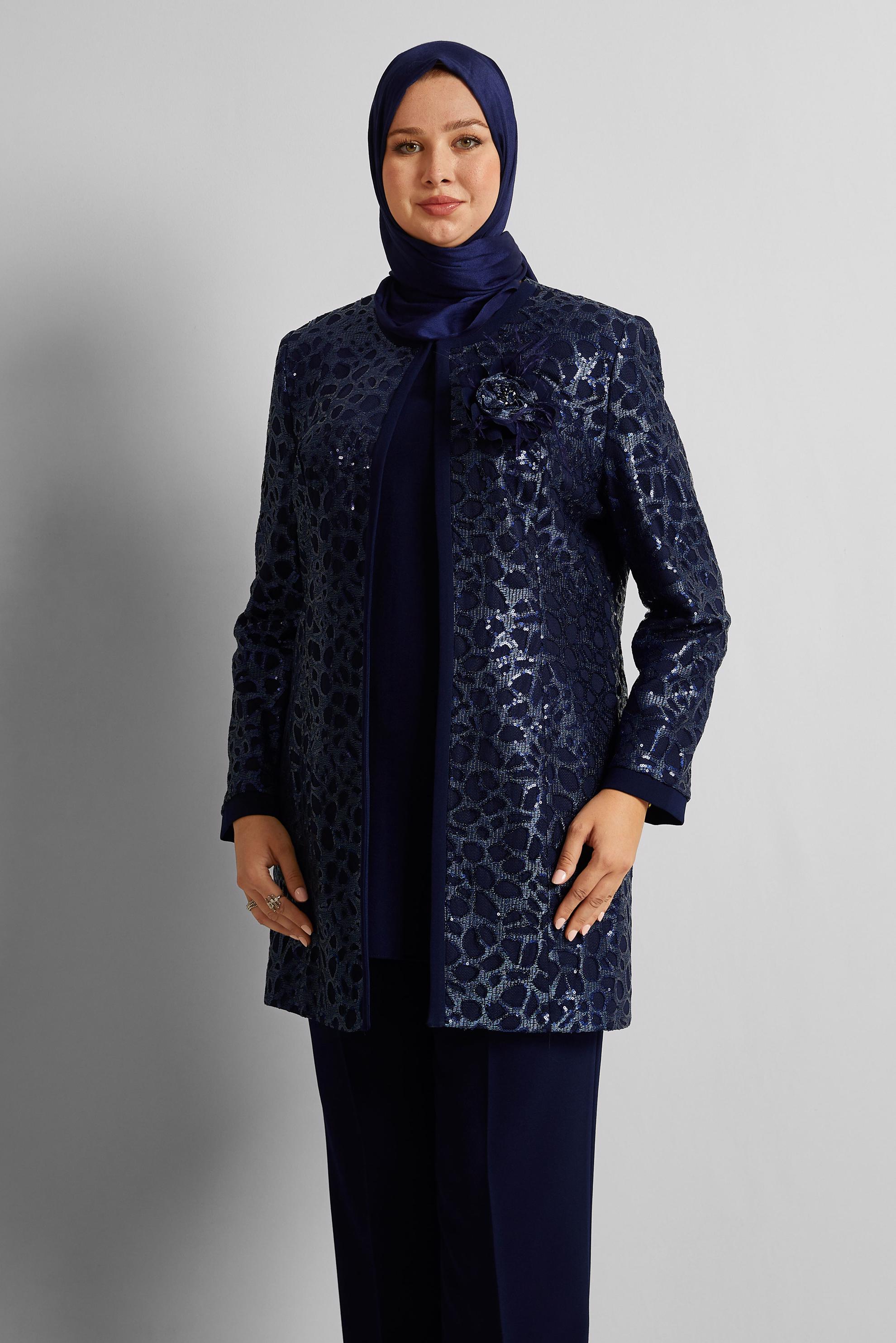 Vêtements hijab BLEU MARINE COSTUME PANTALON TROIS PIÈCES À MOTIFS 30452