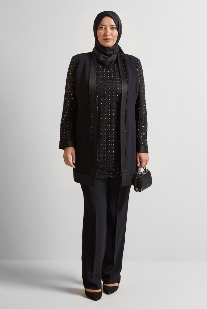 Vêtements hijab NOIR COSTUME PANTALON TROIS PIÈCES AVEC BIJOU 30521 - ALVİNA