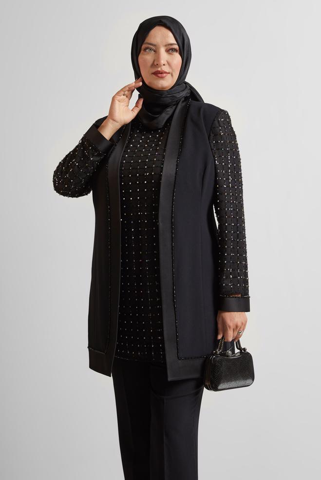 Vêtements hijab NOIR COSTUME PANTALON TROIS PIÈCES AVEC BIJOU 30521 - ALVİNA