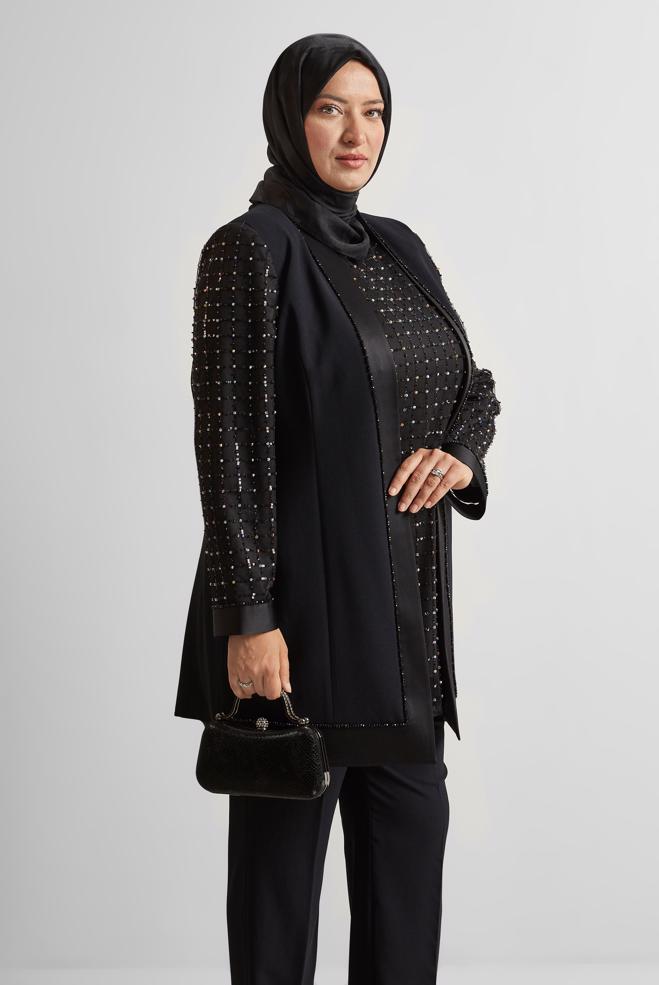 Vêtements hijab NOIR COSTUME PANTALON TROIS PIÈCES AVEC BIJOU 30521 - ALVİNA
