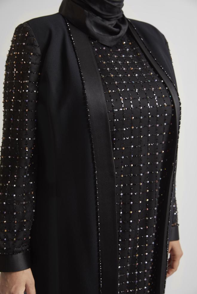 Vêtements hijab NOIR COSTUME PANTALON TROIS PIÈCES AVEC BIJOU 30521 - ALVİNA