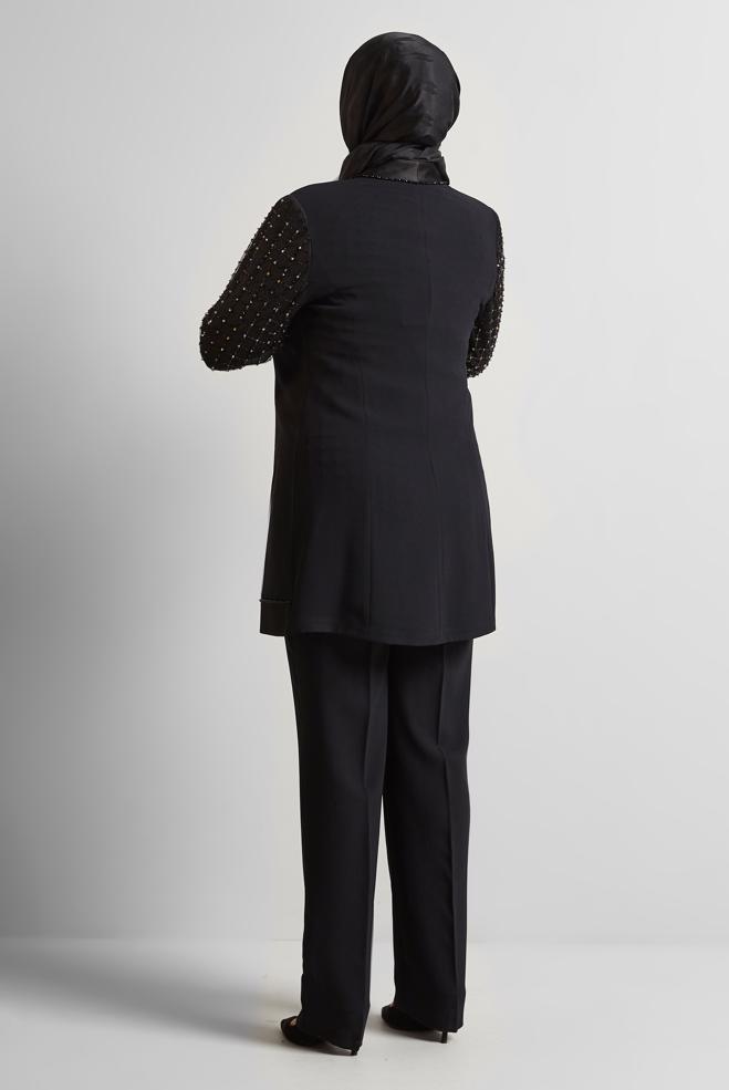 Vêtements hijab NOIR COSTUME PANTALON TROIS PIÈCES AVEC BIJOU 30521 - ALVİNA
