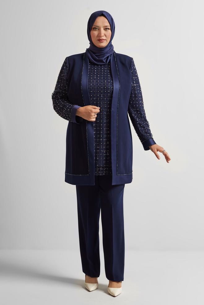 Vêtements hijab BLEU MARINE COSTUME PANTALON TROIS PIÈCES AVEC BIJOU 30521 - ALVİNA