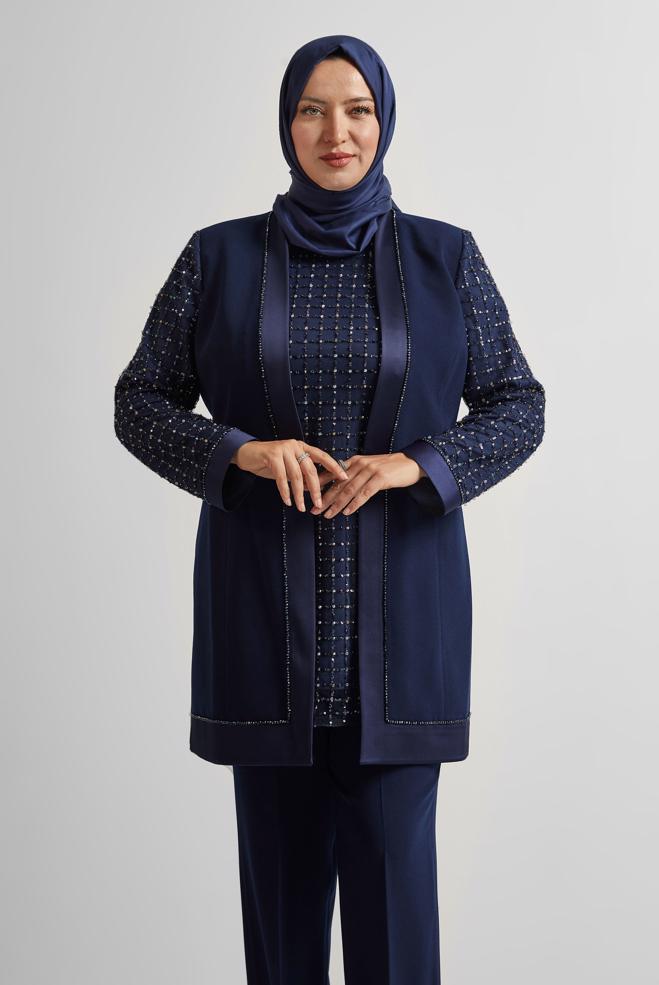 Vêtements hijab BLEU MARINE COSTUME PANTALON TROIS PIÈCES AVEC BIJOU 30521 - ALVİNA