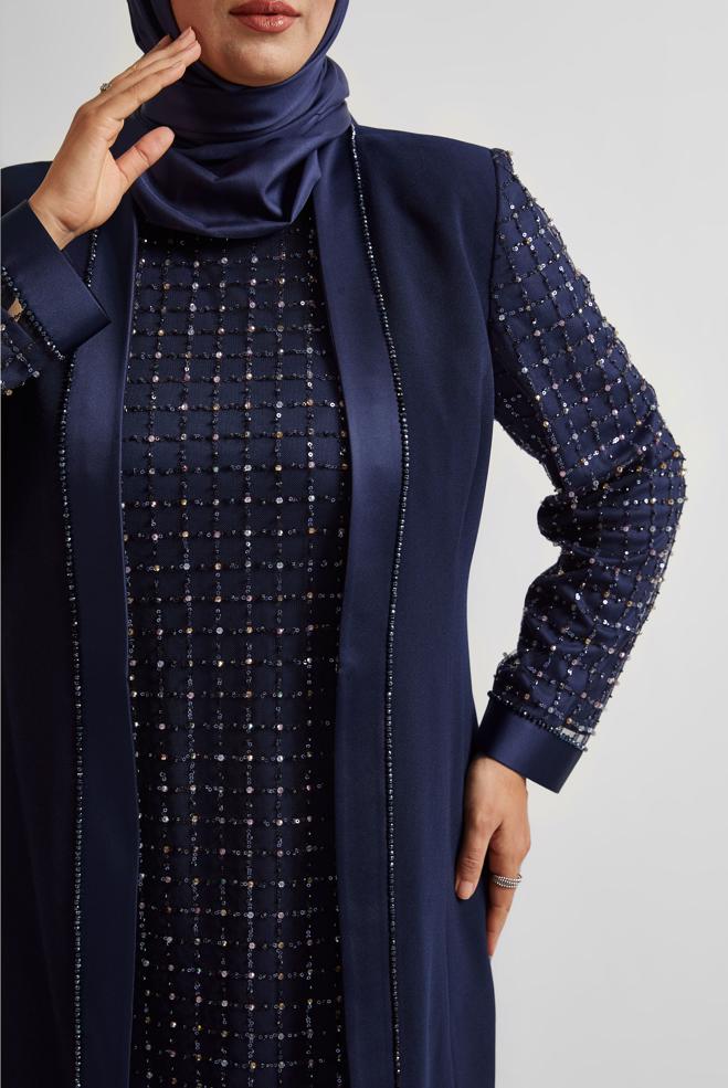 Vêtements hijab BLEU MARINE COSTUME PANTALON TROIS PIÈCES AVEC BIJOU 30521 - ALVİNA