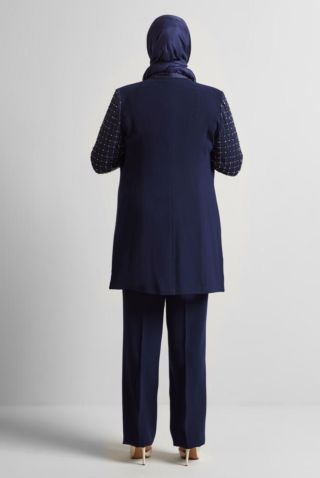 Vêtements hijab BLEU MARINE COSTUME PANTALON TROIS PIÈCES AVEC BIJOU 30521 - ALVİNA