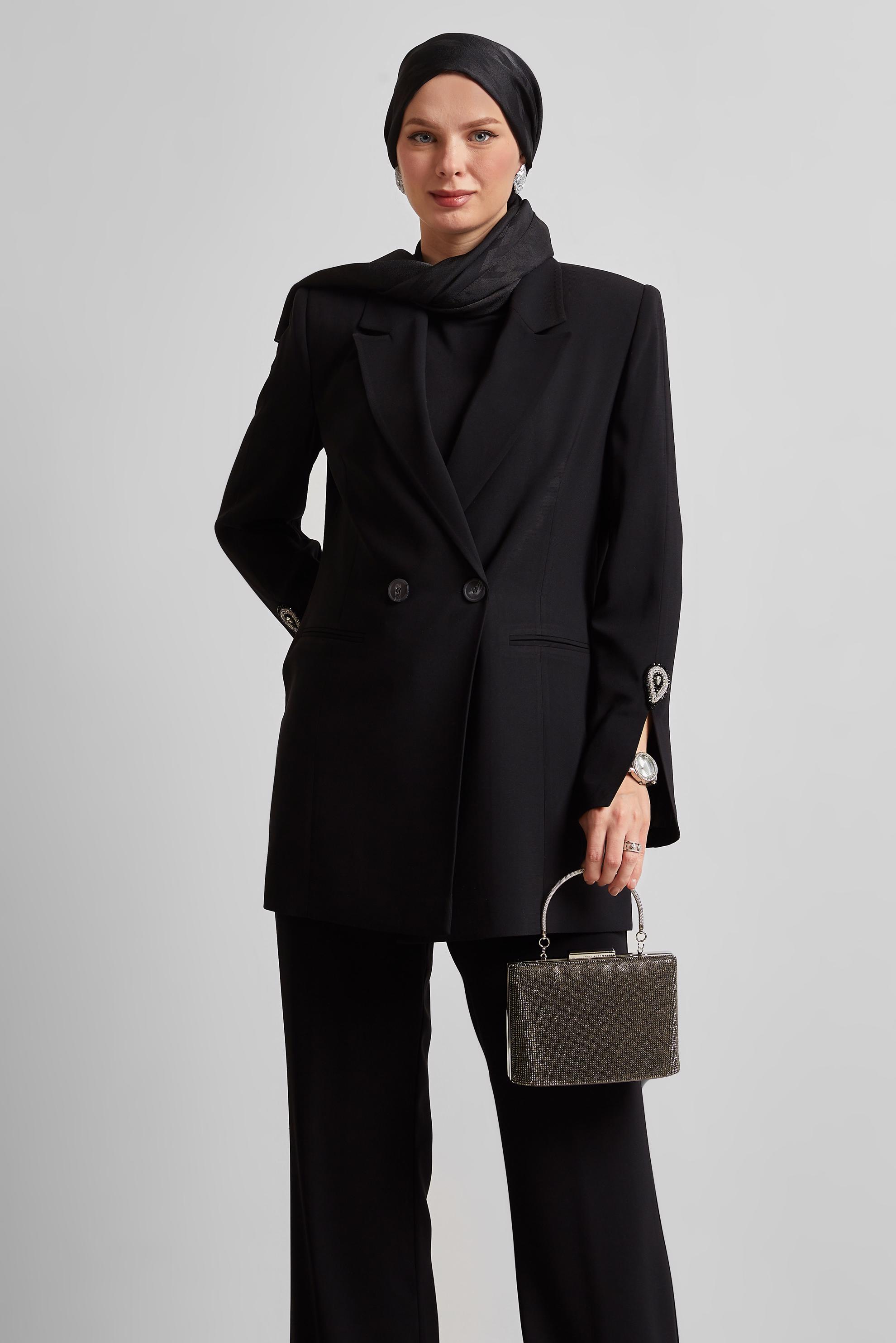 Tesettür giyim SİYAH TAŞ DETAYLI PANTOLONLU TAKIM 30532