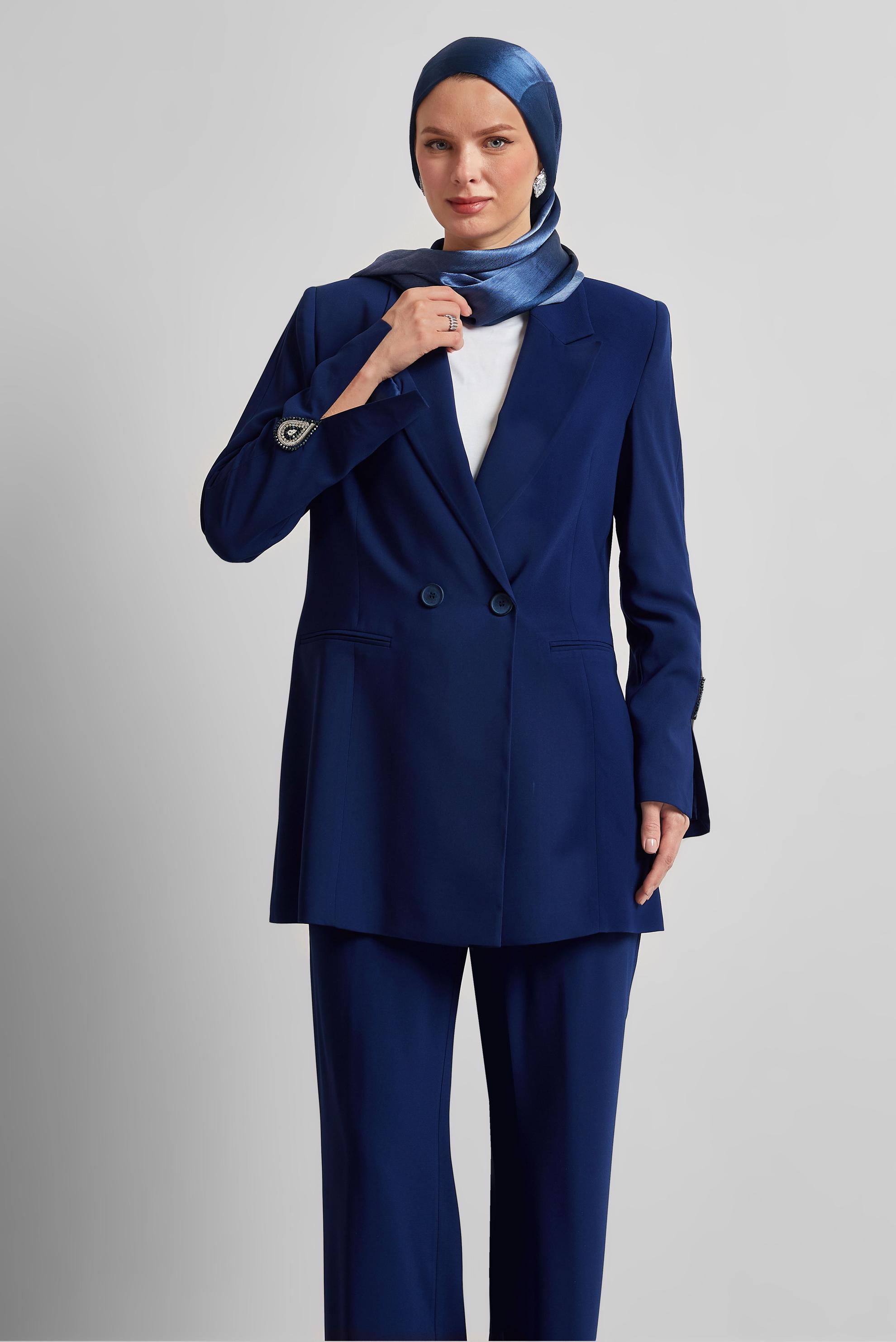 Tesettür giyim LACİVERT TAŞ DETAYLI PANTOLONLU TAKIM 30532