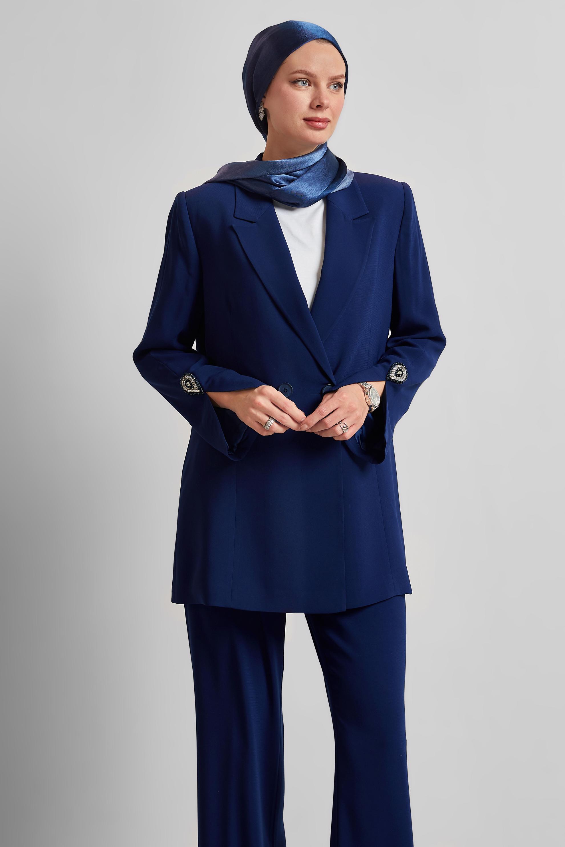 Tesettür giyim LACİVERT TAŞ DETAYLI PANTOLONLU TAKIM 30532