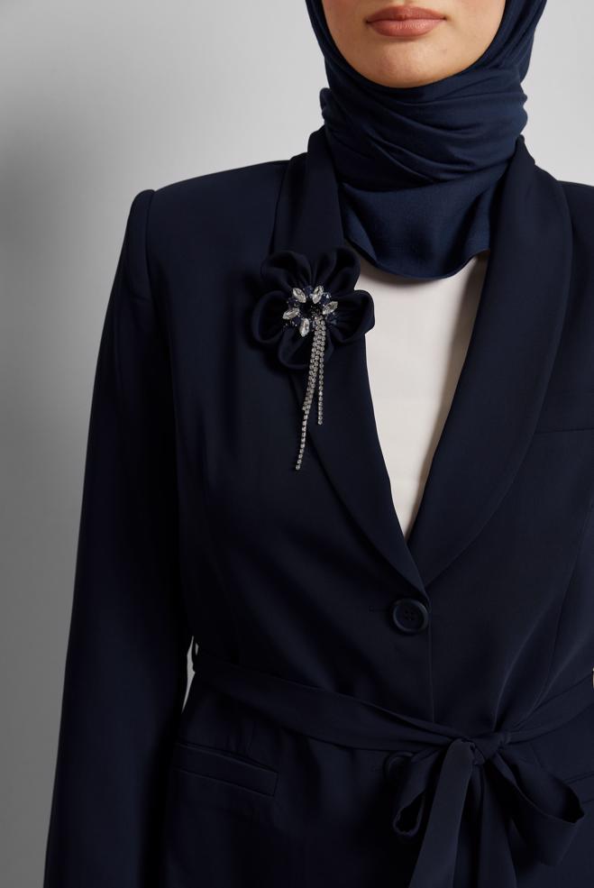 Tesettür giyim LACİVERT KUŞAKLI BROŞLU PANTOLONLU TAKIM 30533 - ALVİNA