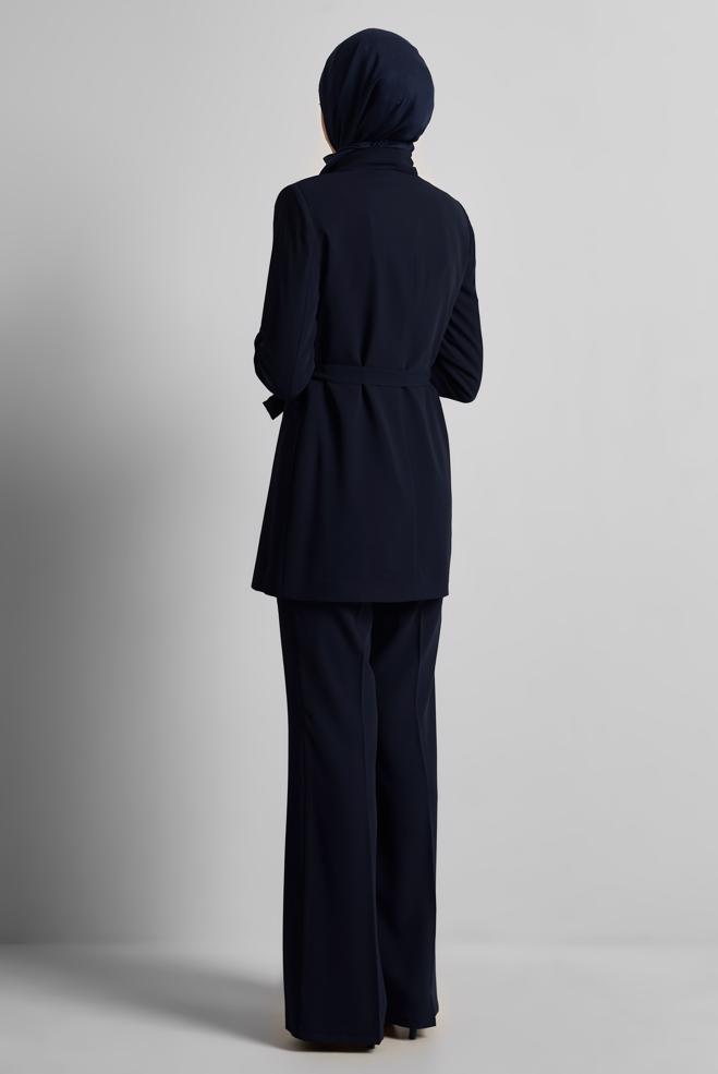 Tesettür giyim LACİVERT KUŞAKLI BROŞLU PANTOLONLU TAKIM 30533 - ALVİNA