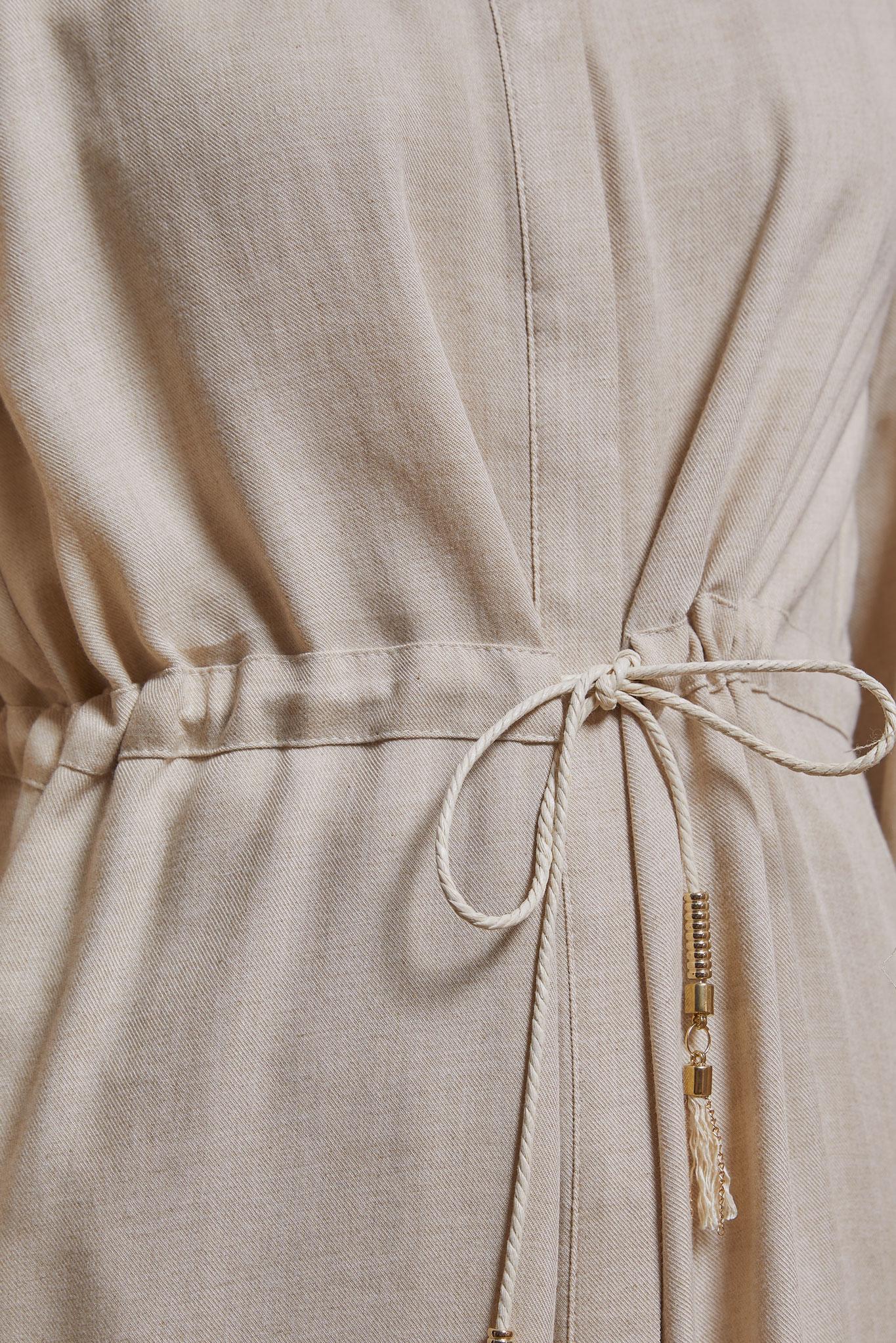 Tesettür giyim BEJ BELDEN BÜZGÜLÜ PANTOLONLU TAKIM 44414