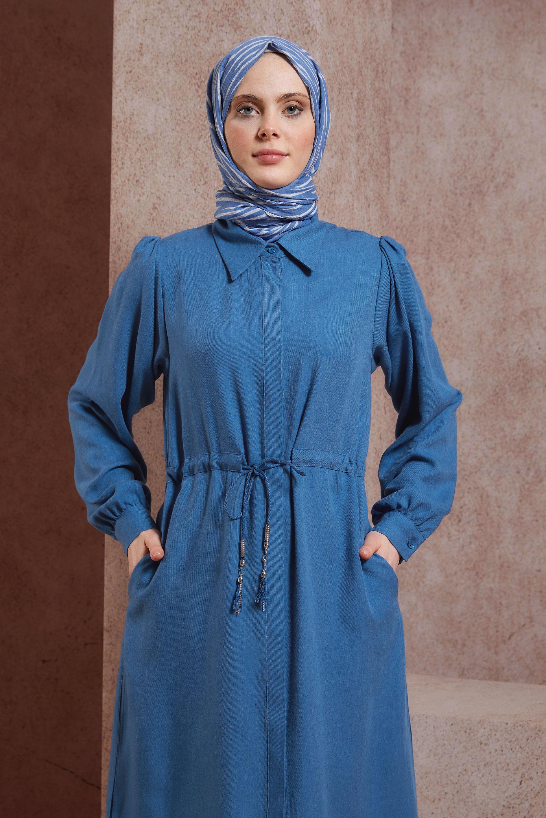 Tesettür giyim LACİVERT BELDEN BÜZGÜLÜ PANTOLONLU TAKIM 44414