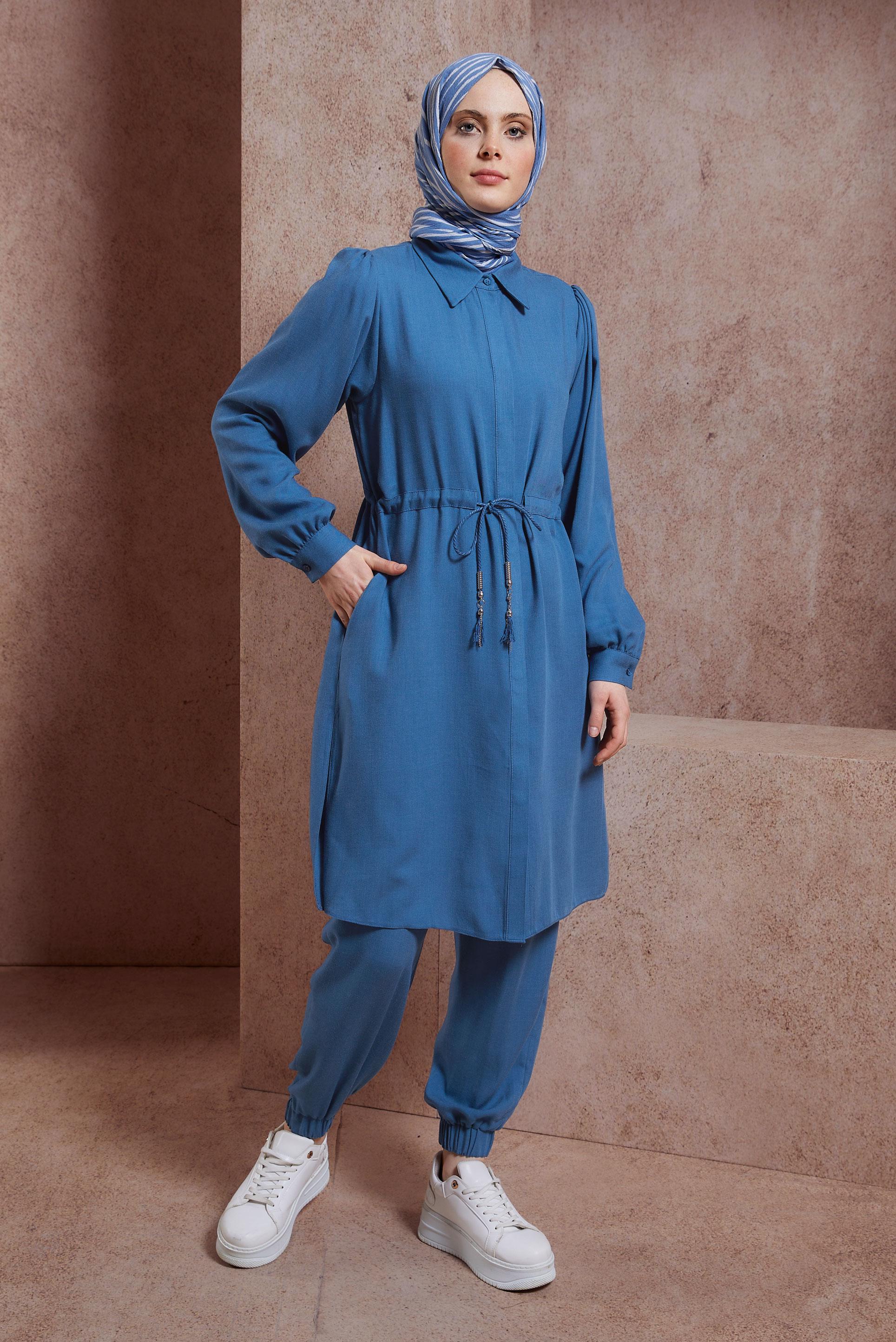 Tesettür giyim LACİVERT BELDEN BÜZGÜLÜ PANTOLONLU TAKIM 44414