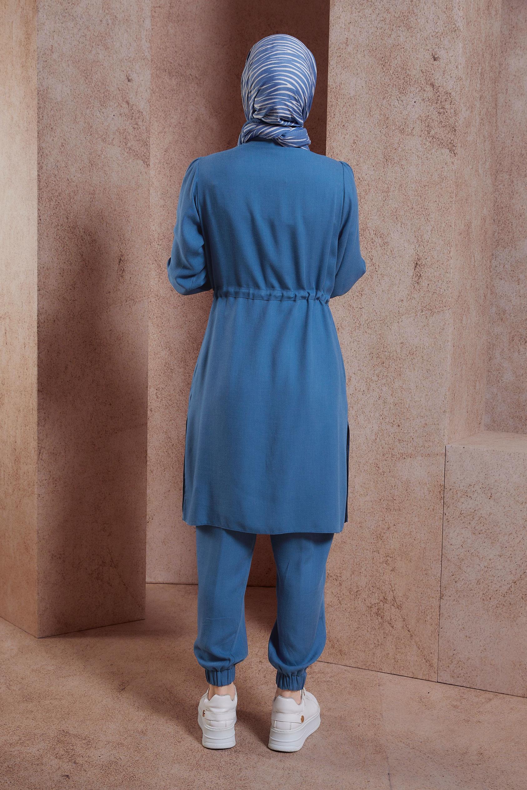 Tesettür giyim LACİVERT BELDEN BÜZGÜLÜ PANTOLONLU TAKIM 44414