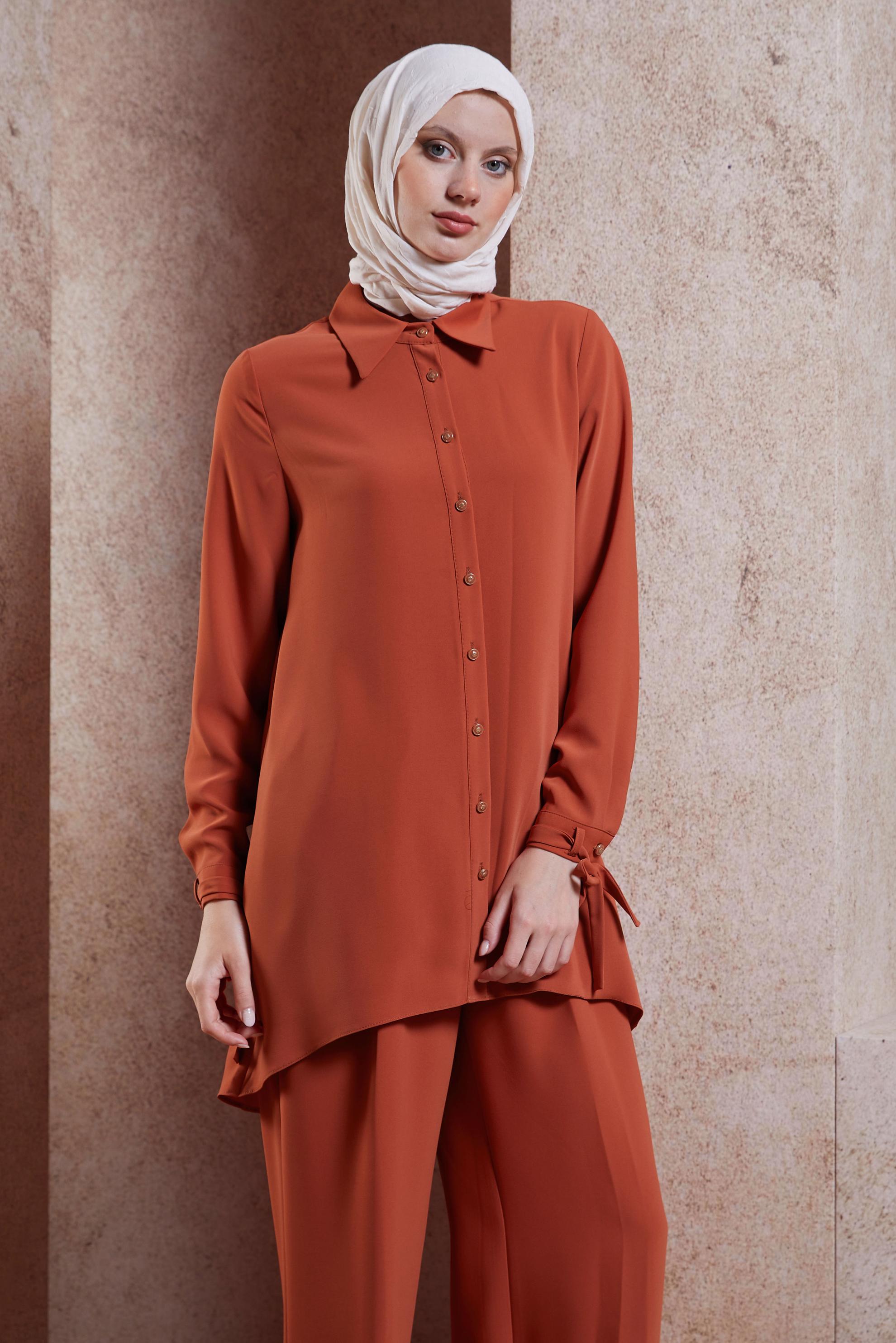 Tesettür giyim TURUNCU GÖMLEK YAKA PANTOLONLU TAKIM 44483