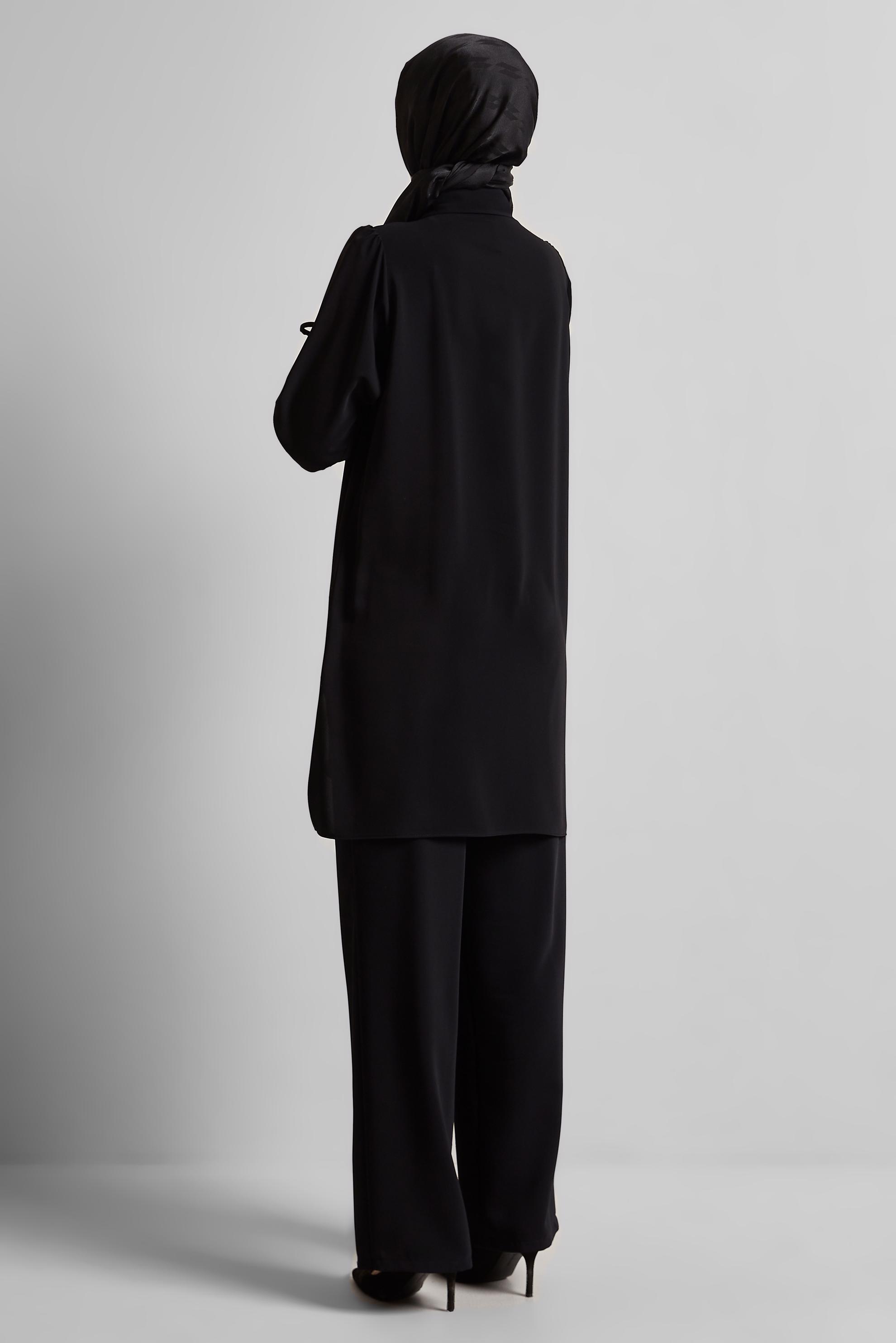 Tesettür giyim SİYAH GÖMLEK YAKA PANTOLONLU TAKIM 44483-1