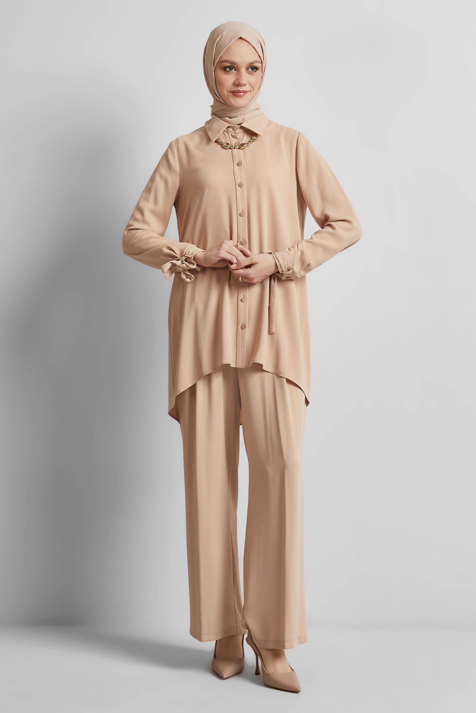 Tesettür giyim PUDRA GÖMLEK YAKA PANTOLONLU TAKIM 44483-1