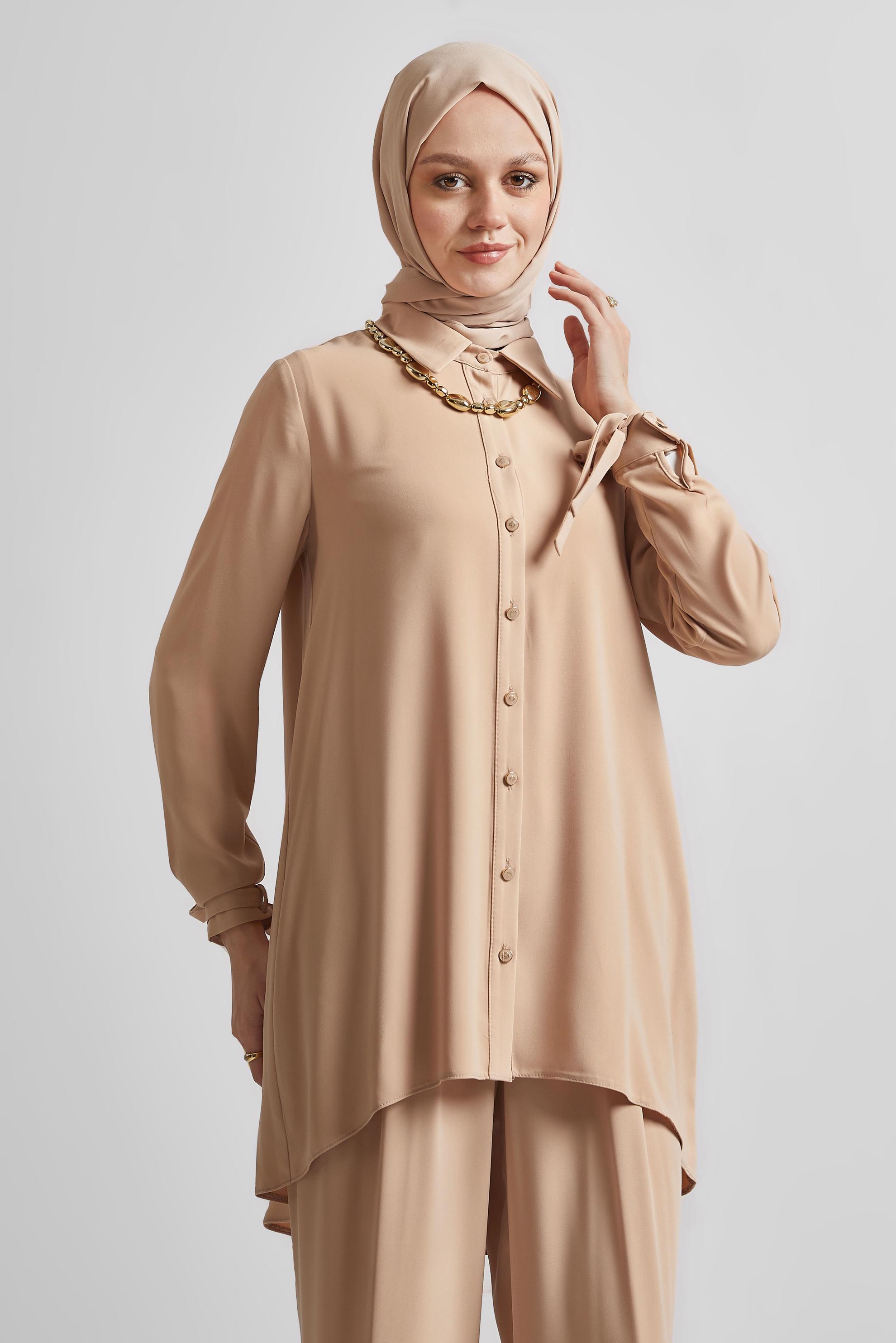 Tesettür giyim PUDRA GÖMLEK YAKA PANTOLONLU TAKIM 44483-1
