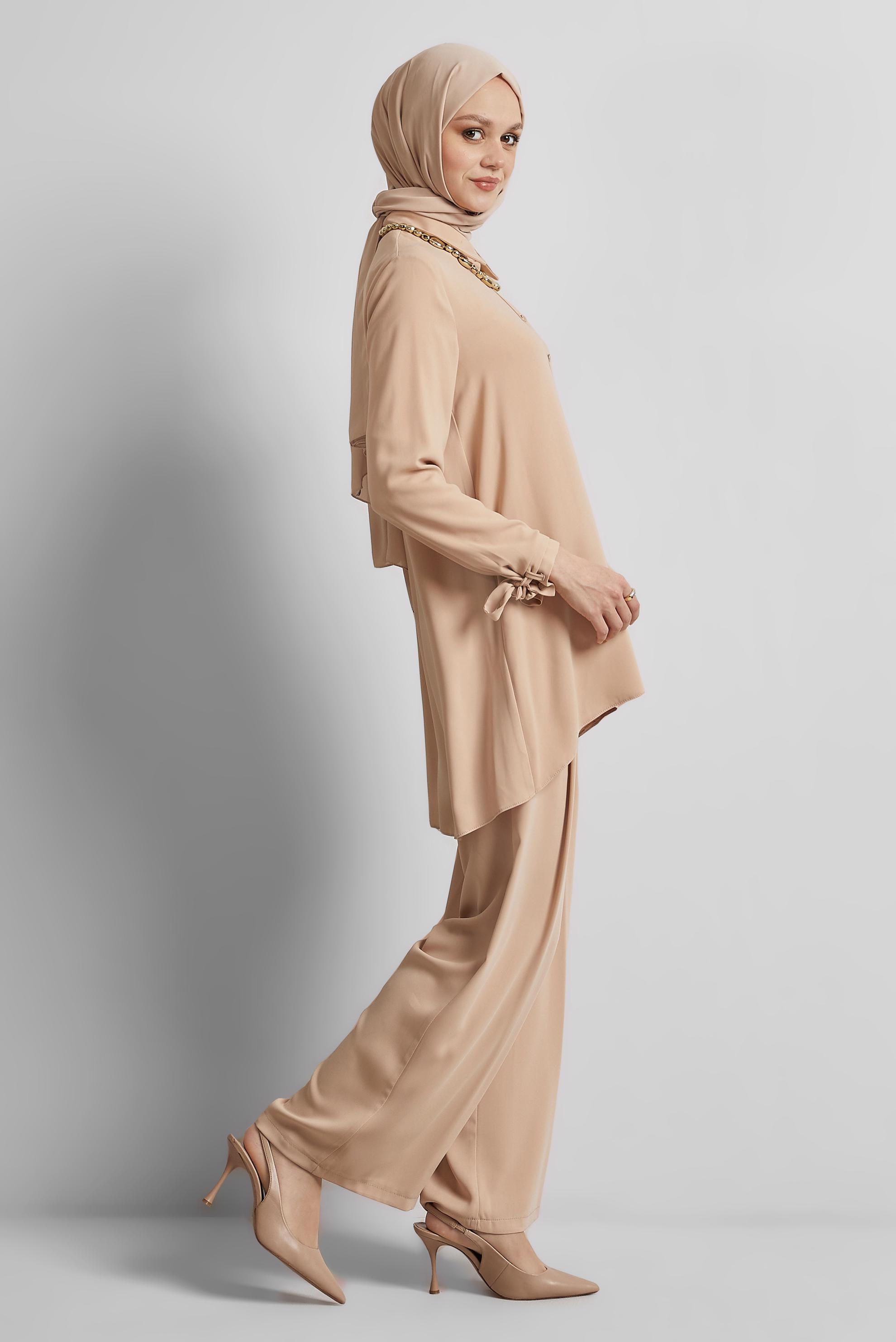Tesettür giyim PUDRA GÖMLEK YAKA PANTOLONLU TAKIM 44483-1