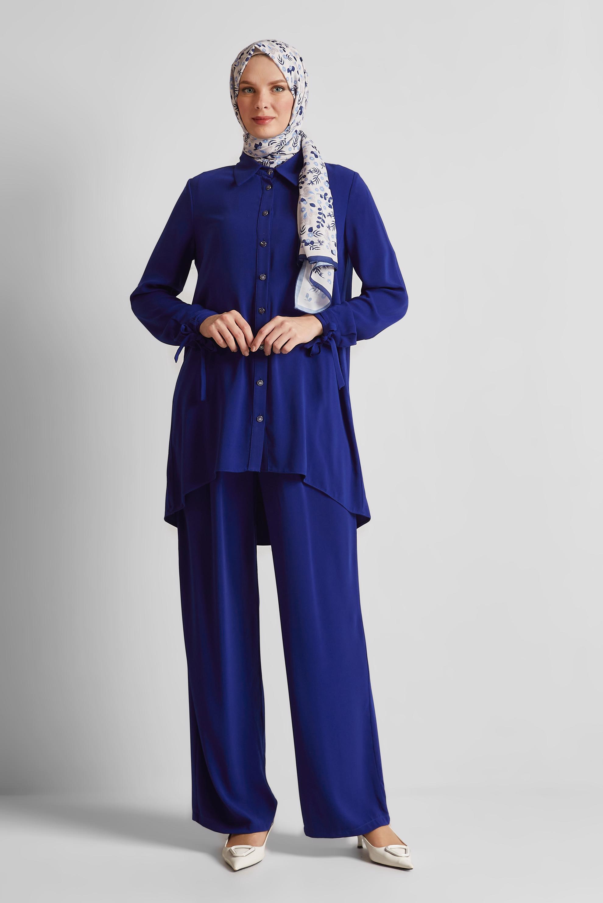 Tesettür giyim MAVİ GÖMLEK YAKA PANTOLONLU TAKIM 44483-1