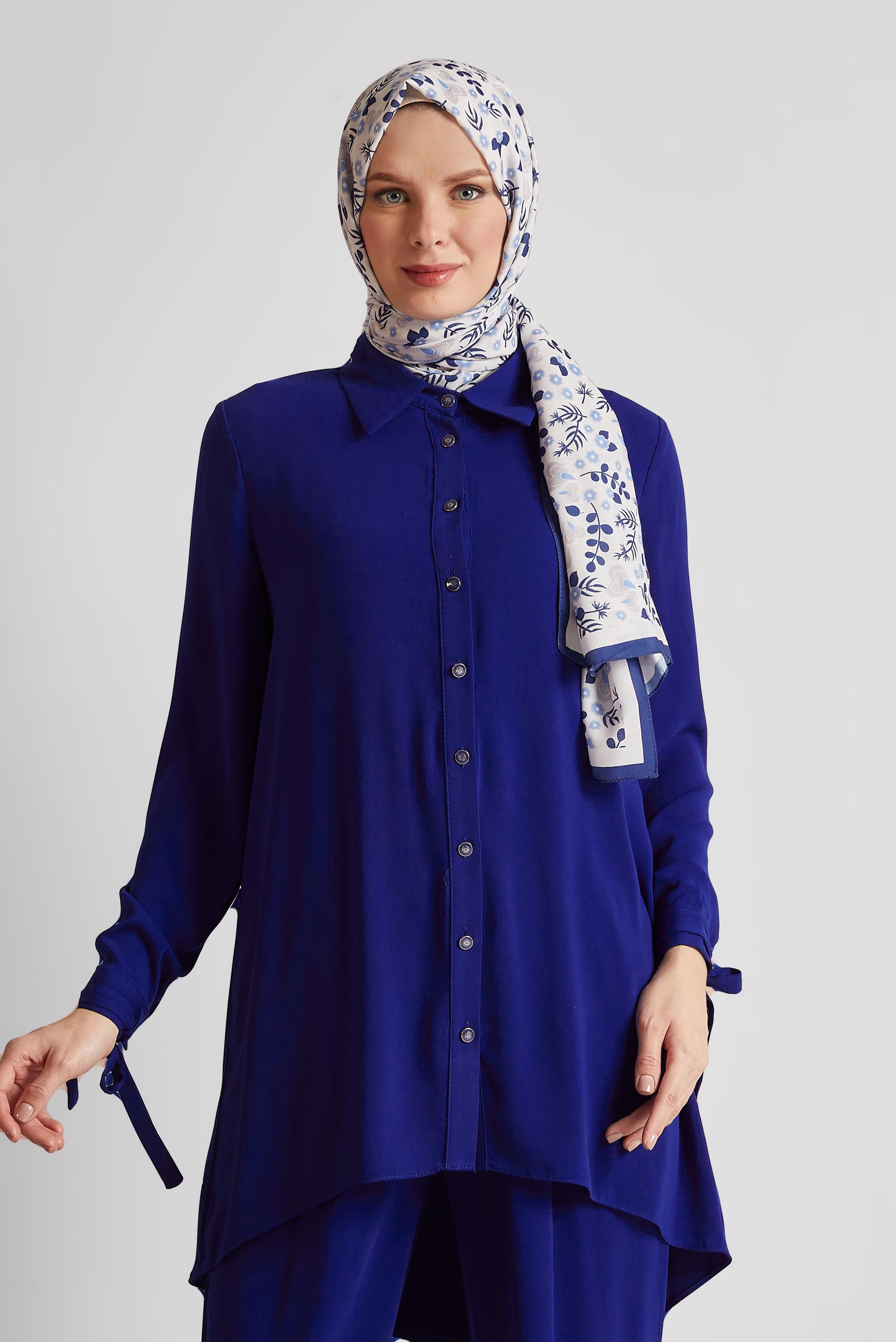 Tesettür giyim MAVİ GÖMLEK YAKA PANTOLONLU TAKIM 44483-1