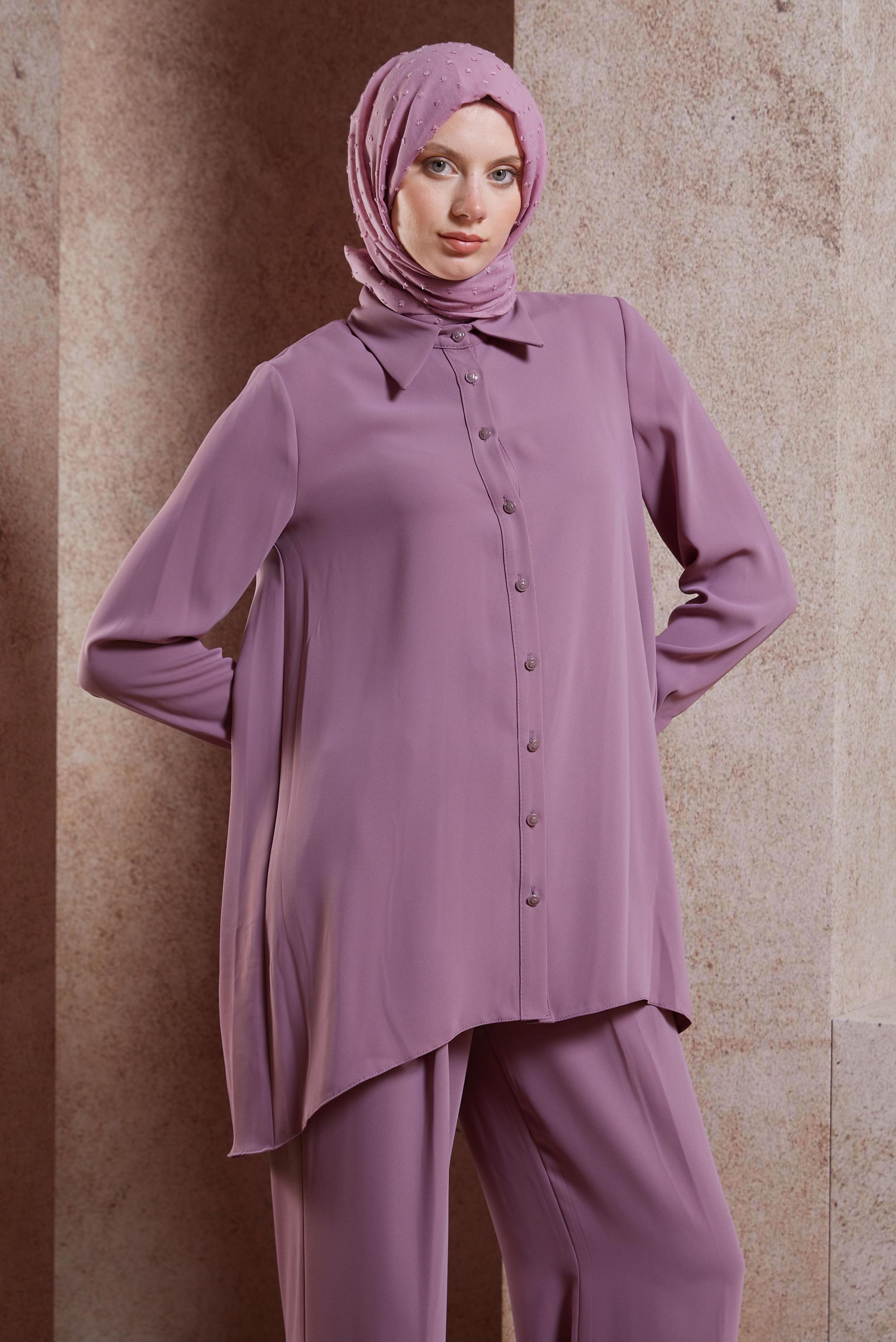Tesettür giyim MOR GÖMLEK YAKA PANTOLONLU TAKIM 44483