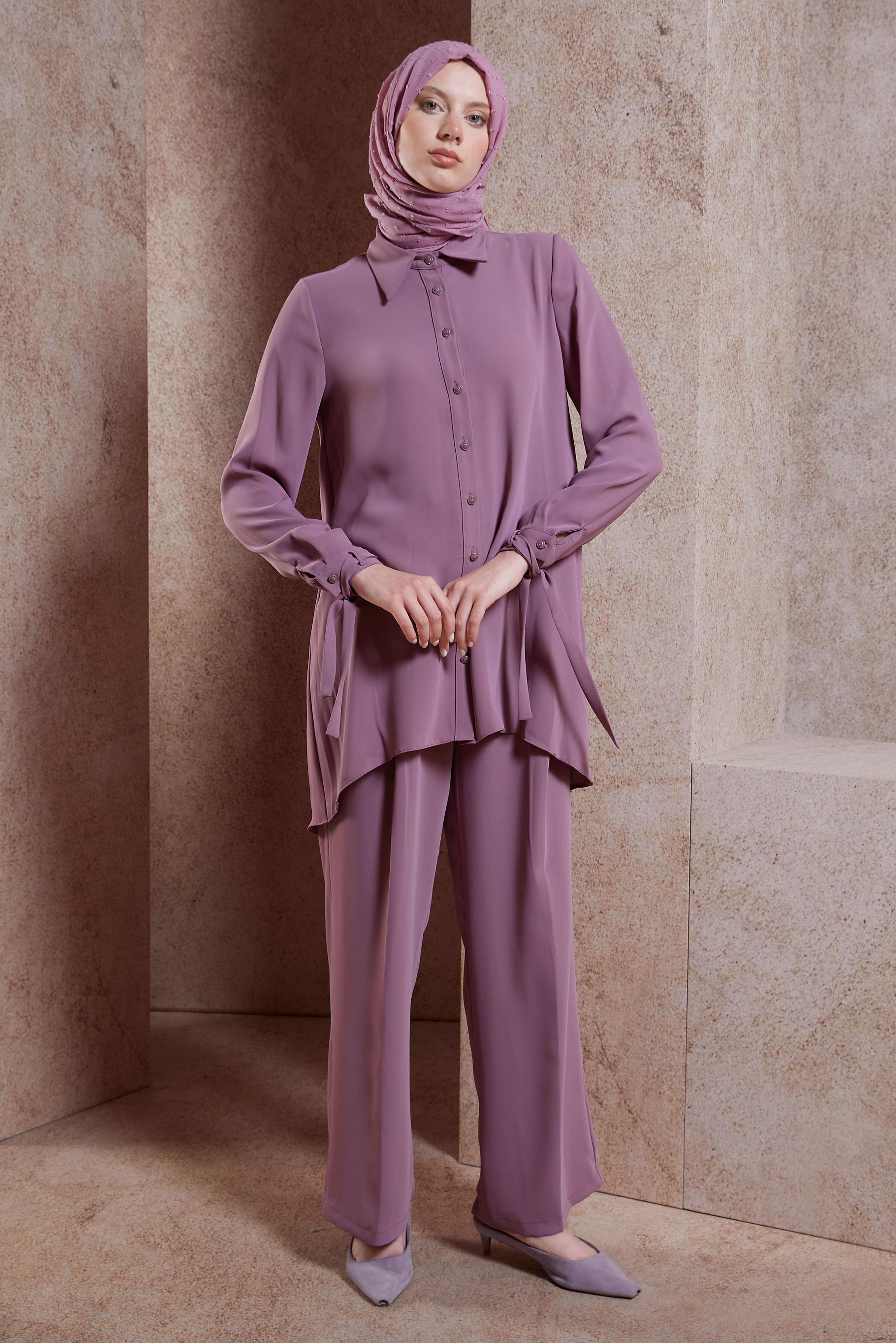 Tesettür giyim MOR GÖMLEK YAKA PANTOLONLU TAKIM 44483