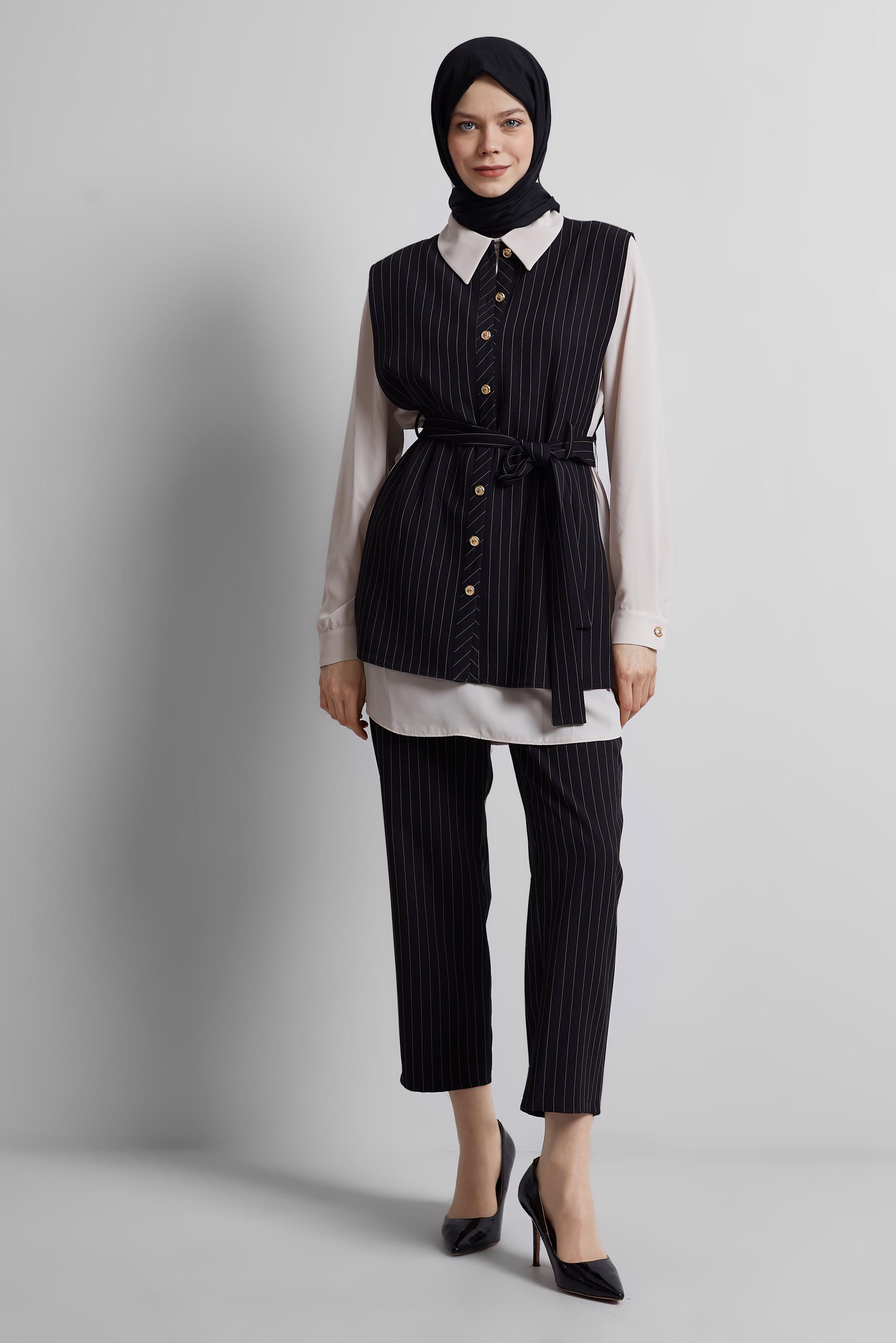 Tesettür giyim SİYAH KUŞAKLI PANTOLONLU ÜÇLÜ TAKIM 44630