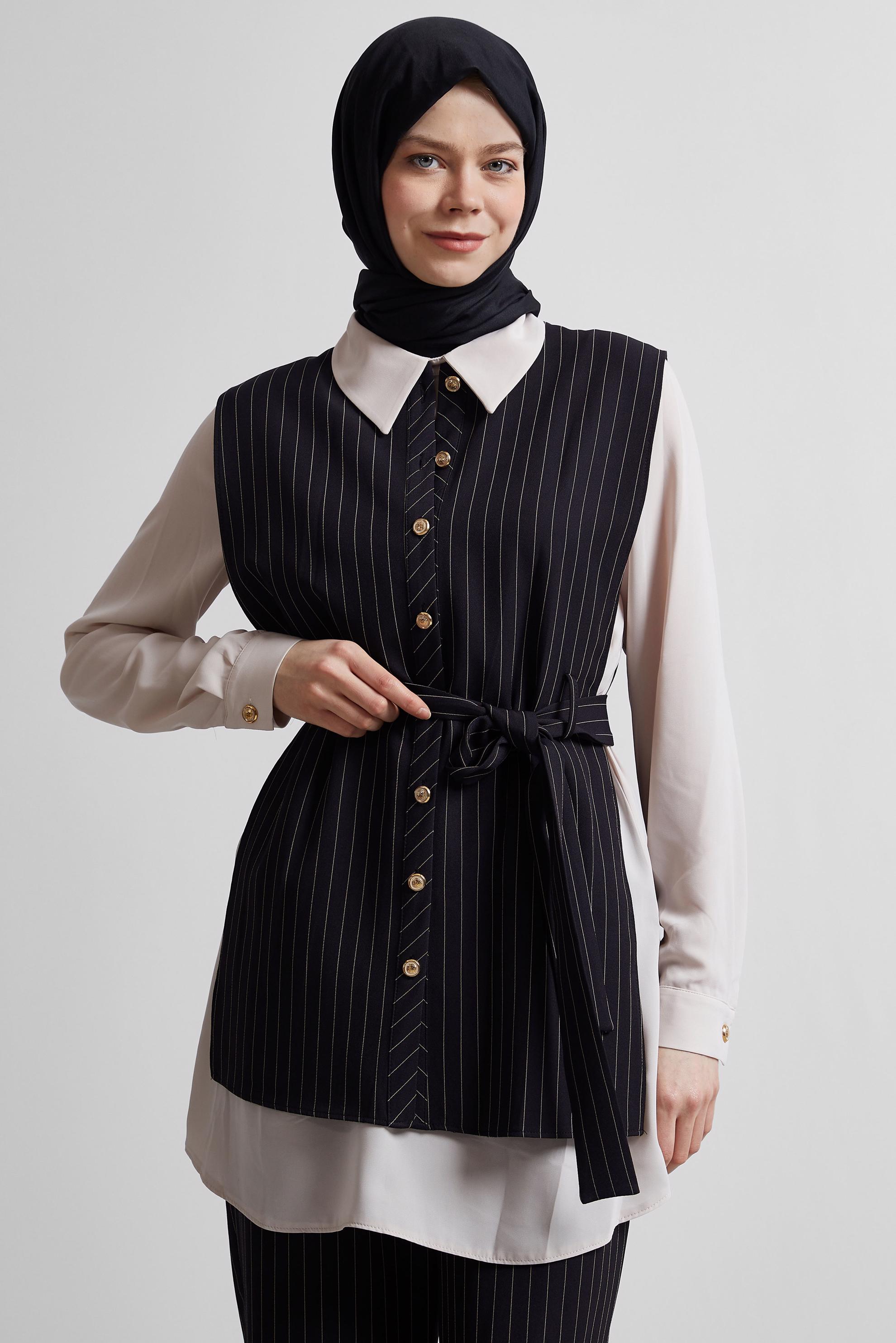 Tesettür giyim SİYAH KUŞAKLI PANTOLONLU ÜÇLÜ TAKIM 44630
