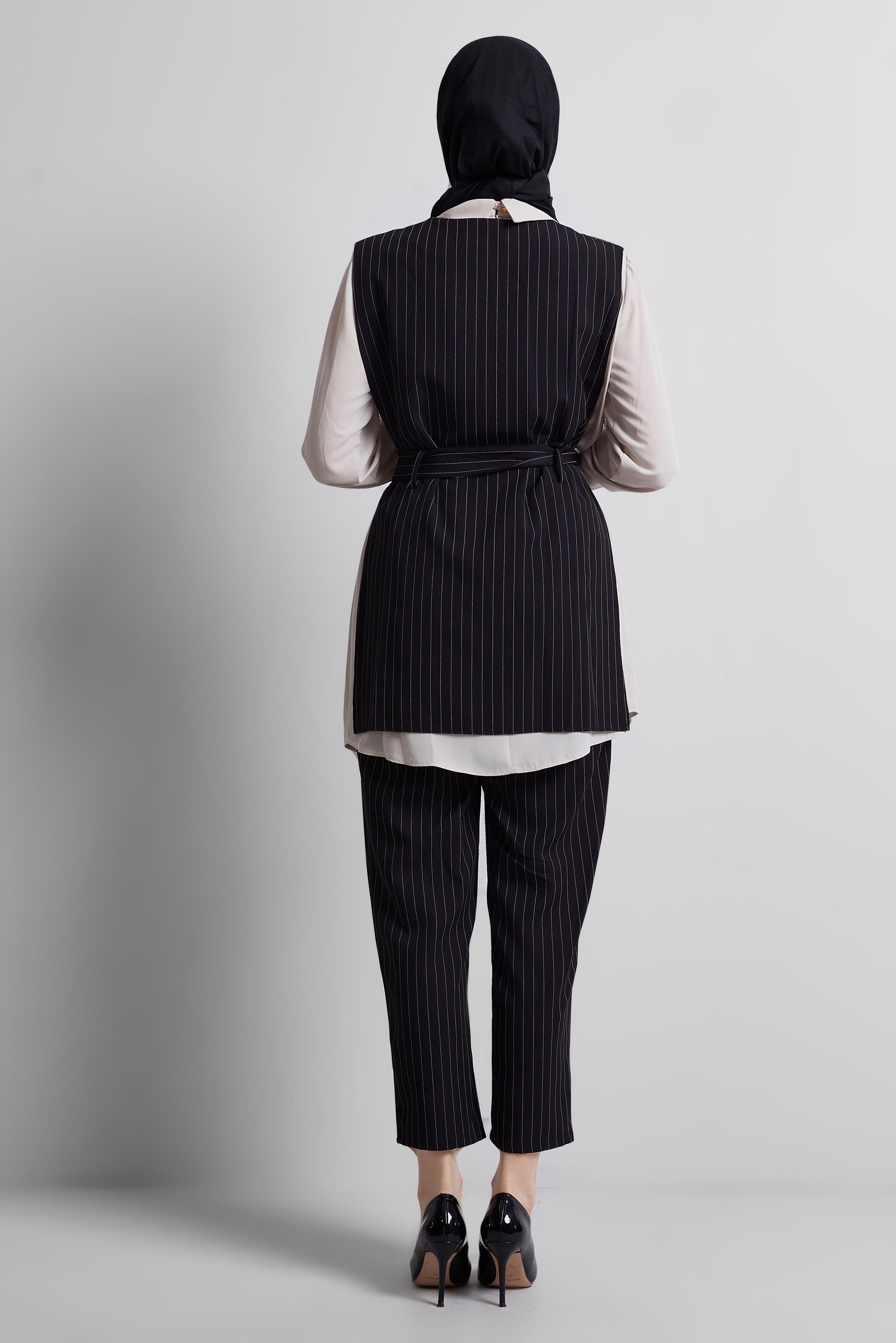 Tesettür giyim SİYAH KUŞAKLI PANTOLONLU ÜÇLÜ TAKIM 44630