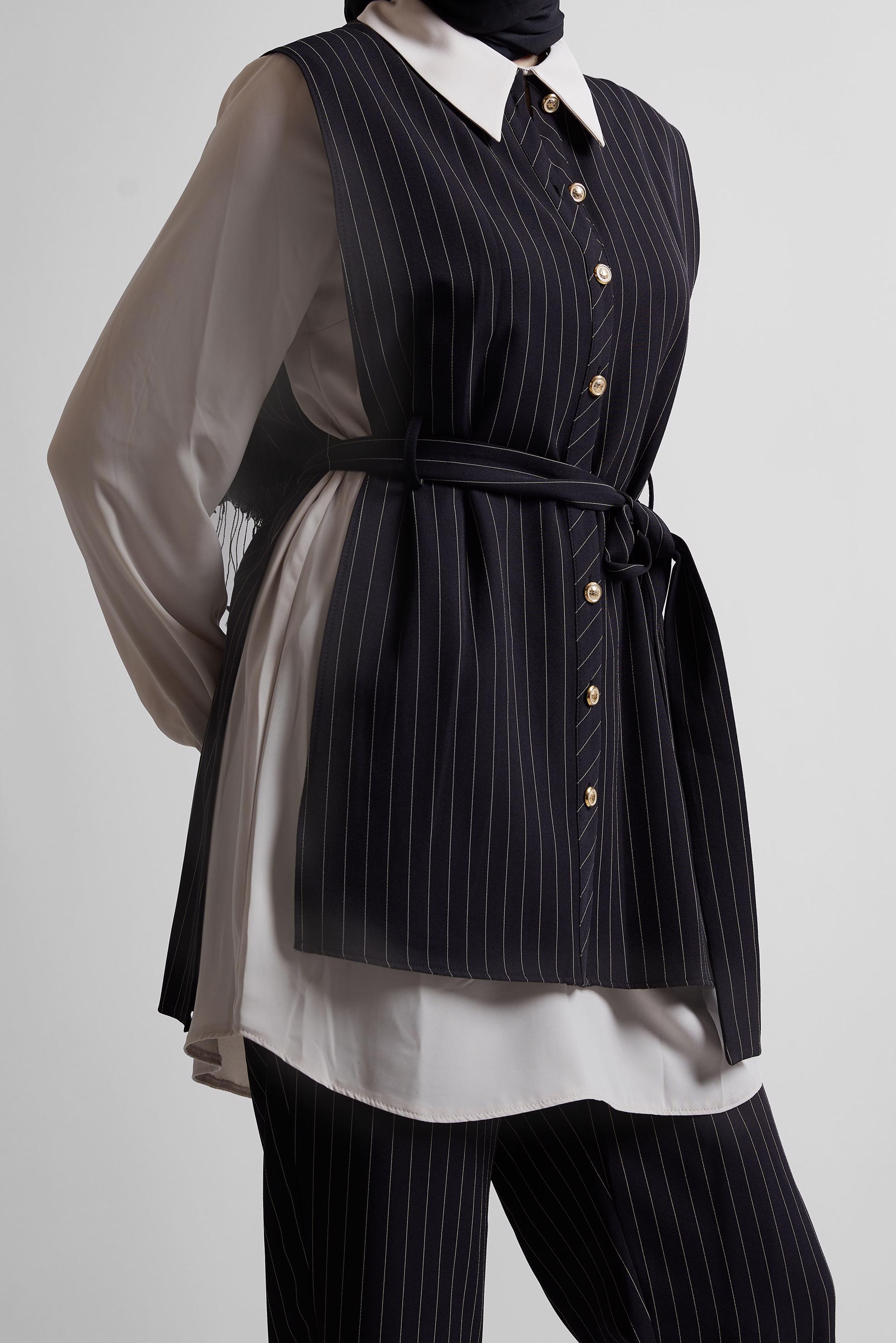 Tesettür giyim SİYAH KUŞAKLI PANTOLONLU ÜÇLÜ TAKIM 44630