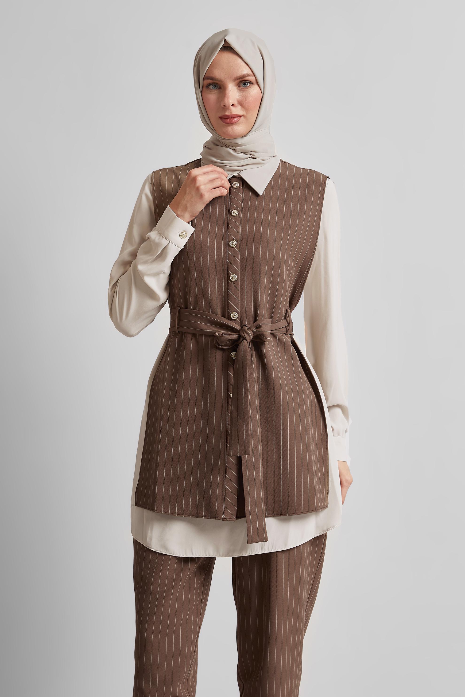 Tesettür giyim KAHVE KUŞAKLI PANTOLONLU ÜÇLÜ TAKIM 44630