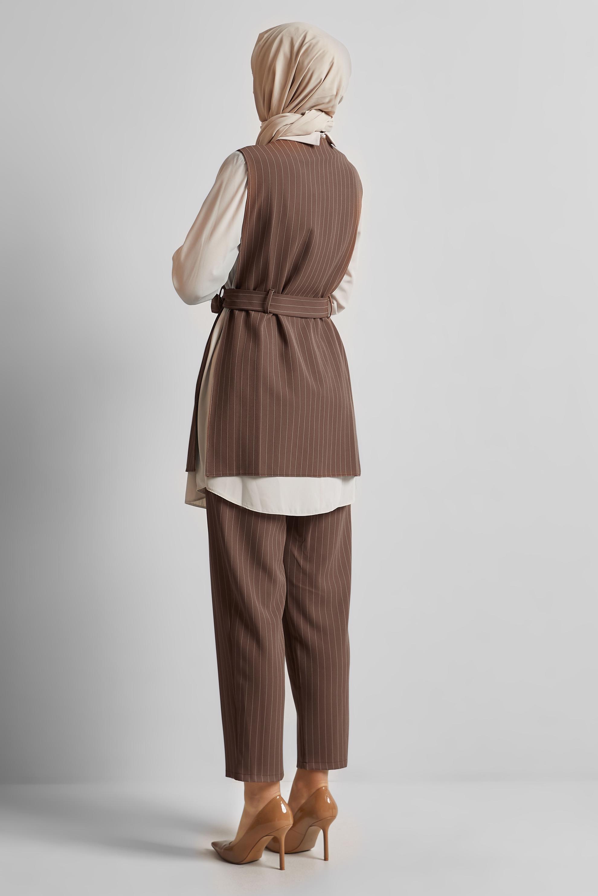 Tesettür giyim KAHVE KUŞAKLI PANTOLONLU ÜÇLÜ TAKIM 44630