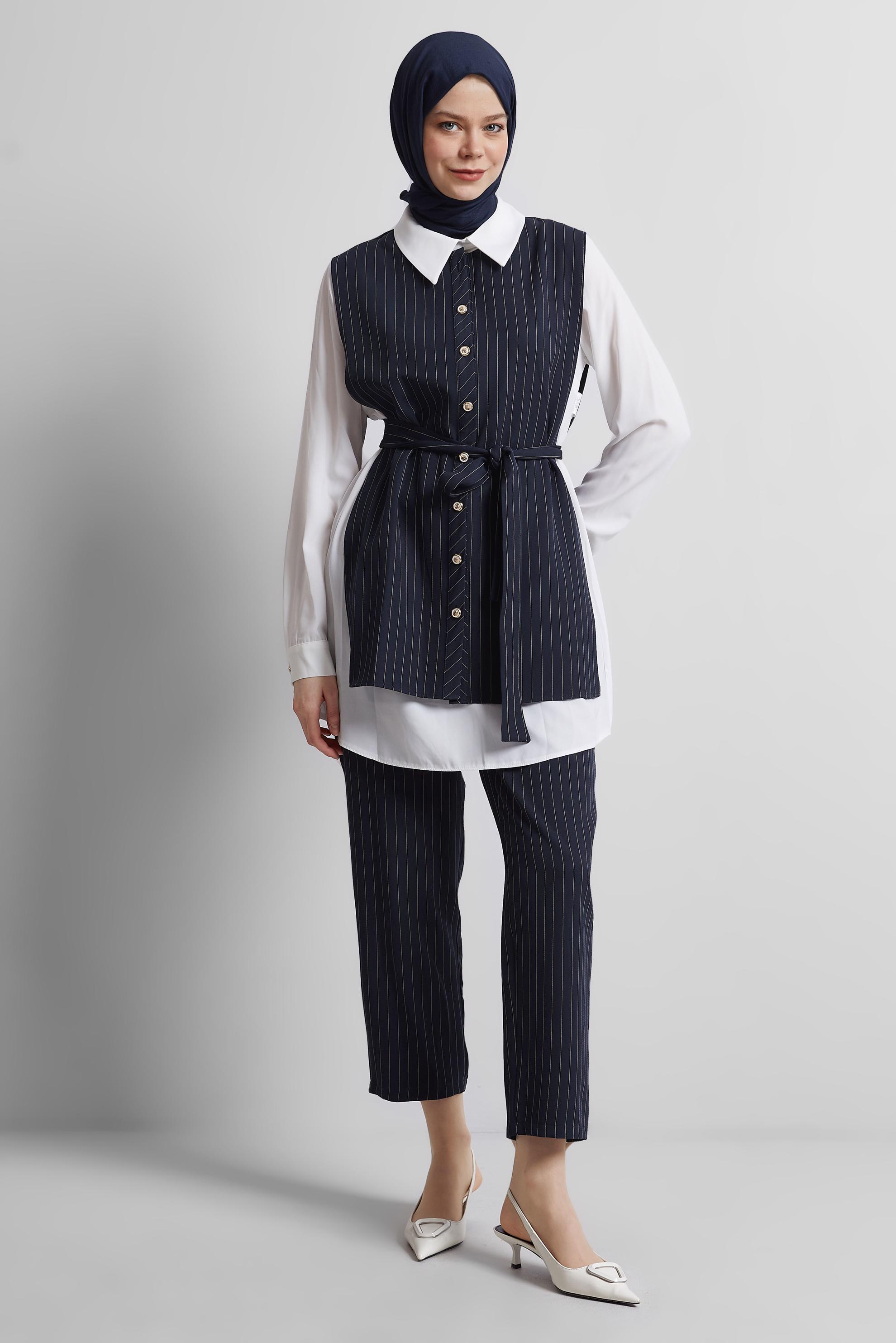 Tesettür giyim LACİVERT KUŞAKLI PANTOLONLU ÜÇLÜ TAKIM 44630