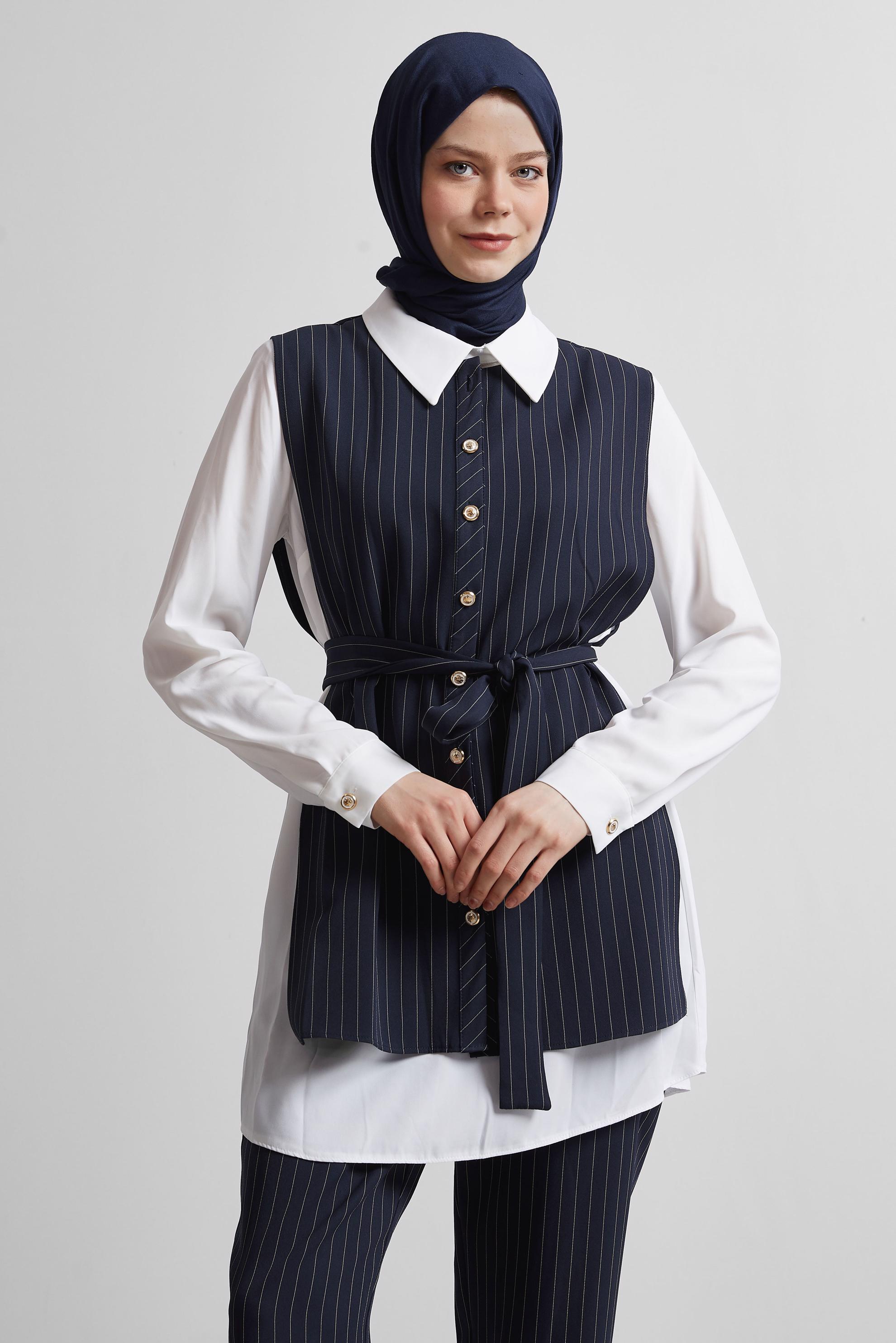 Tesettür giyim LACİVERT KUŞAKLI PANTOLONLU ÜÇLÜ TAKIM 44630