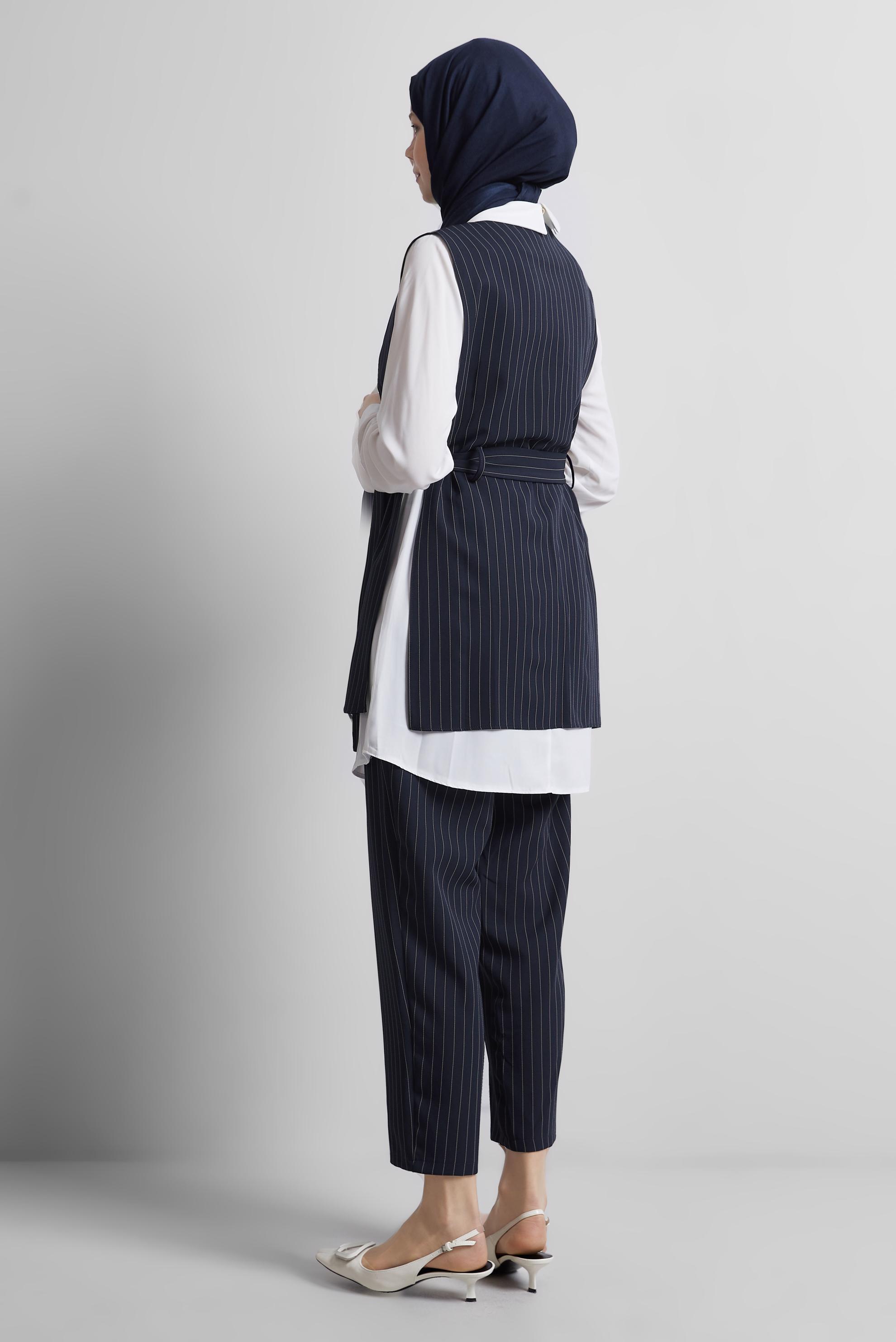 Tesettür giyim LACİVERT KUŞAKLI PANTOLONLU ÜÇLÜ TAKIM 44630