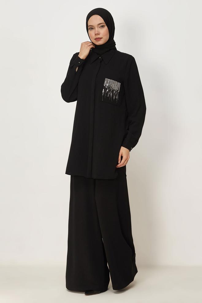 Vêtements hijab NOIR ENSEMBLE PANTALON AVEC GEMME 44681 - ALVİNA