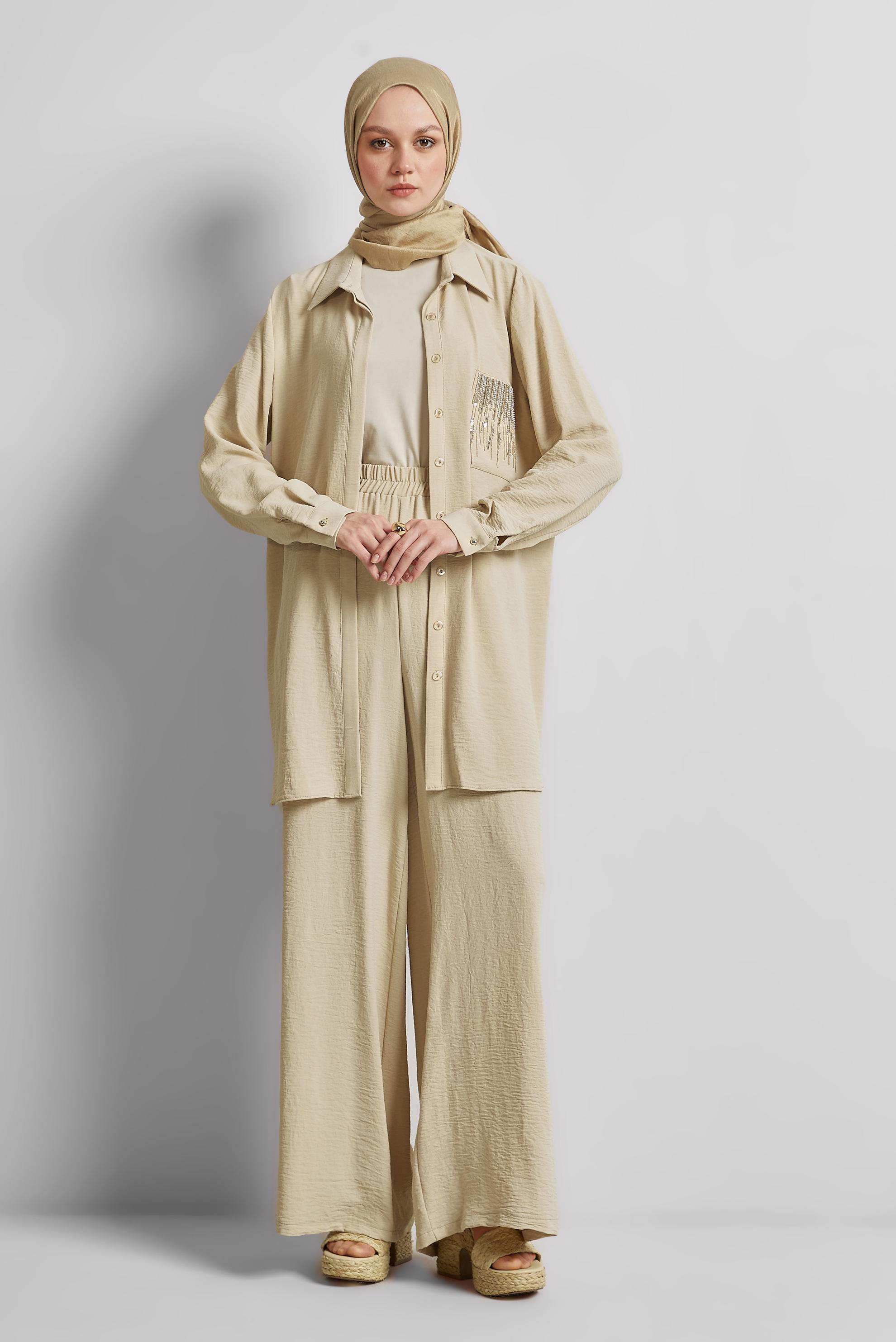 Tesettür giyim BEJ TAŞ BASKILI PANTOLONLU TAKIM 44681