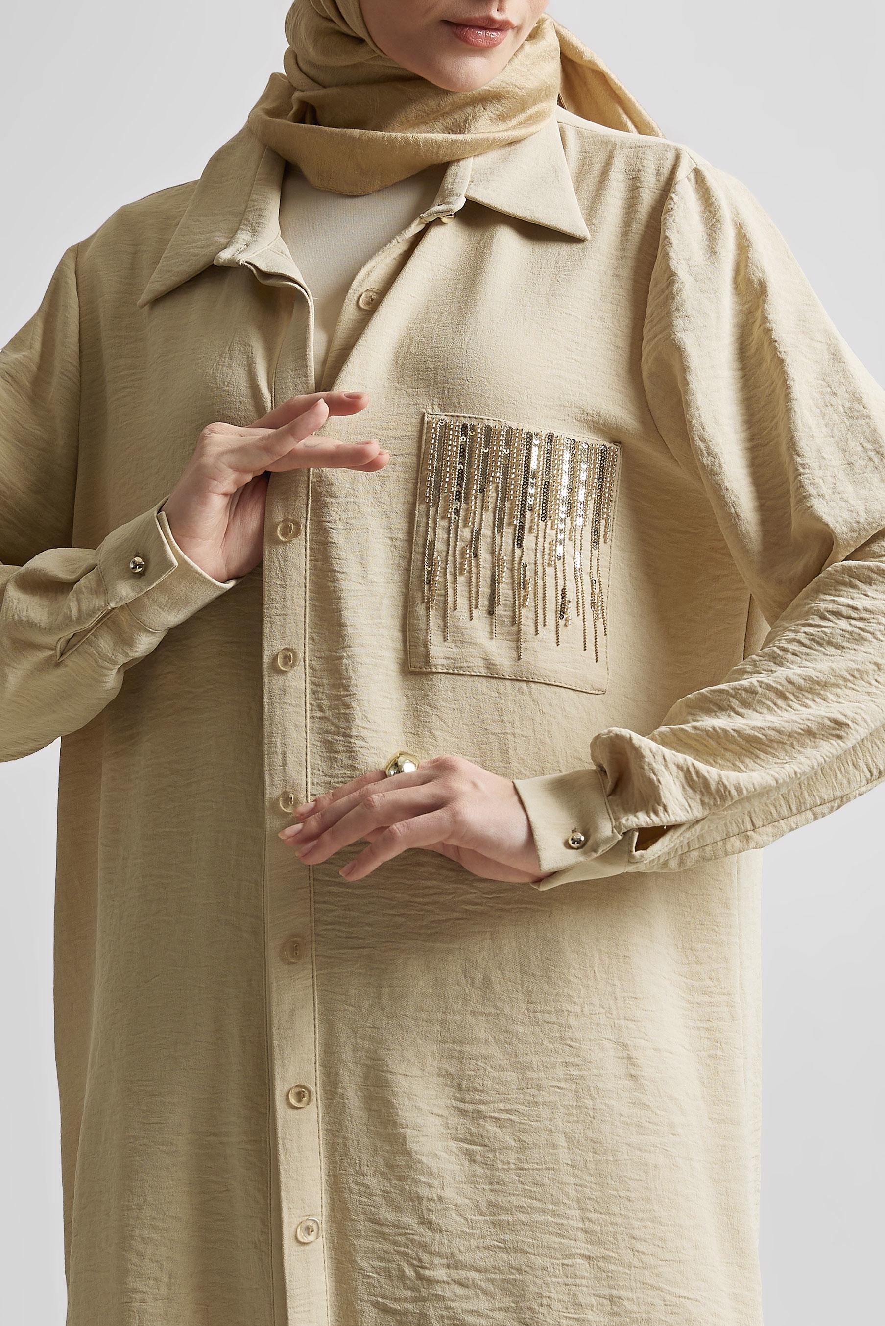 Tesettür giyim BEJ TAŞ BASKILI PANTOLONLU TAKIM 44681