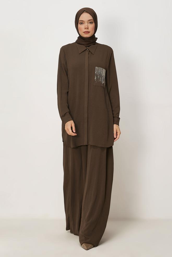 Vêtements hijab BRUN ENSEMBLE PANTALON AVEC GEMME 44681 - ALVİNA