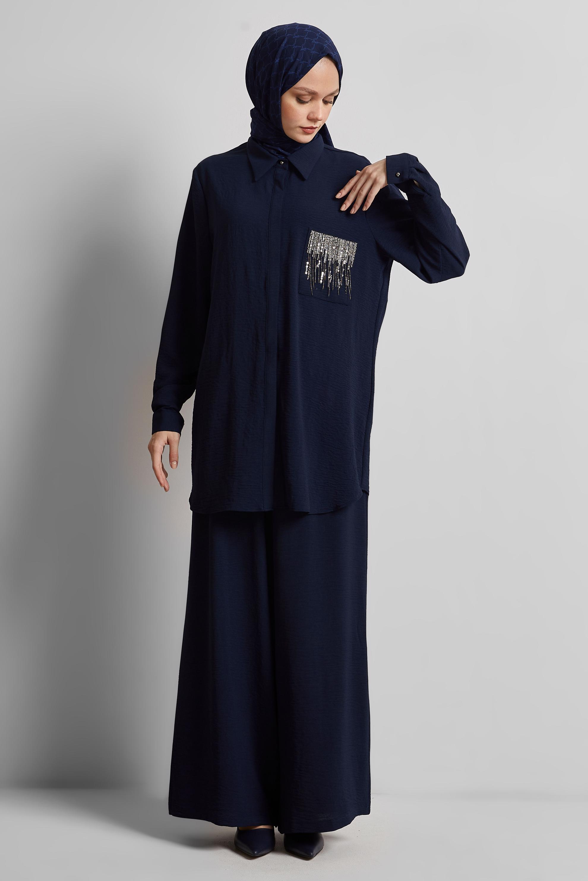 Tesettür giyim LACİVERT TAŞ BASKILI PANTOLONLU TAKIM 44681