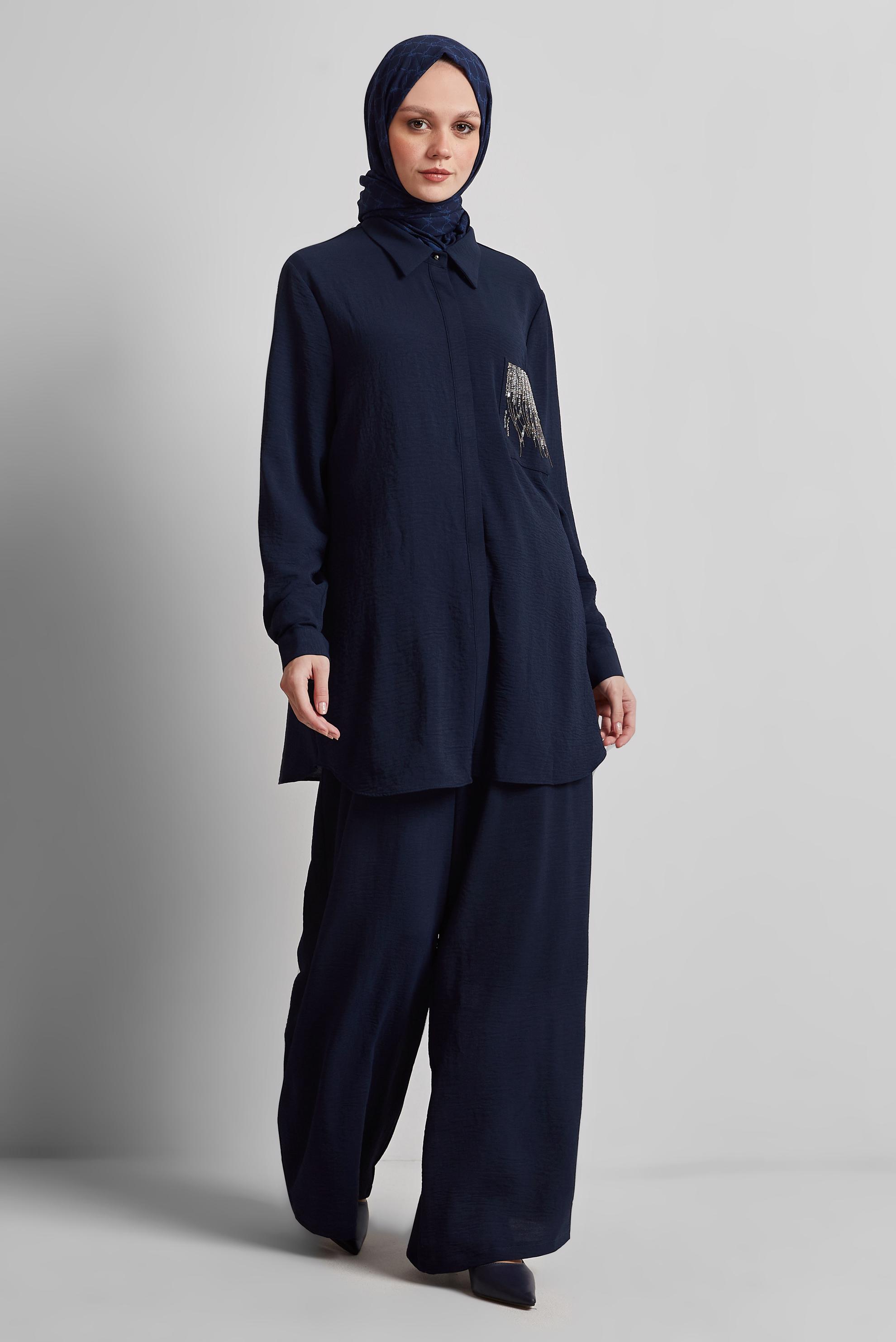Tesettür giyim LACİVERT TAŞ BASKILI PANTOLONLU TAKIM 44681