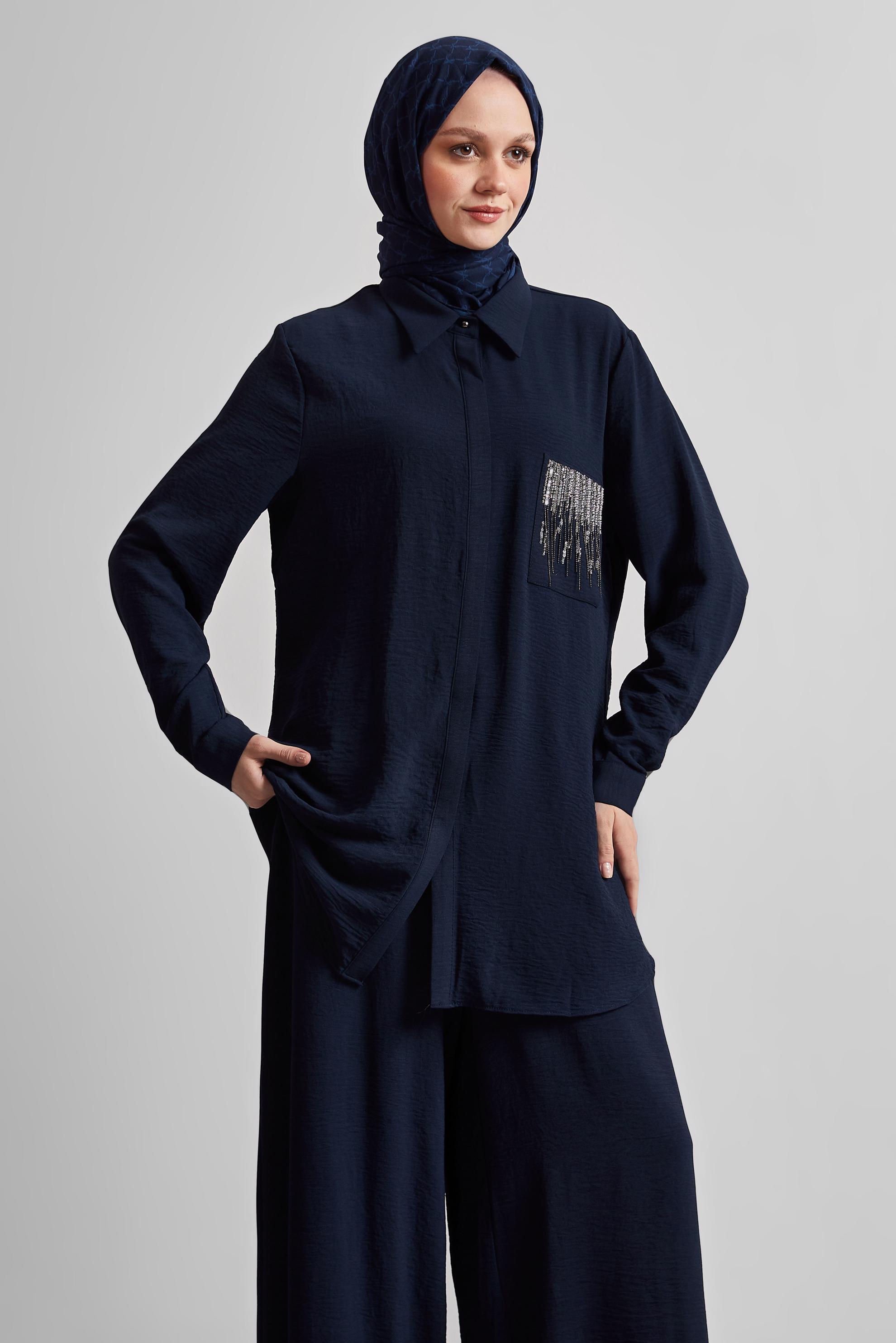 Tesettür giyim LACİVERT TAŞ BASKILI PANTOLONLU TAKIM 44681