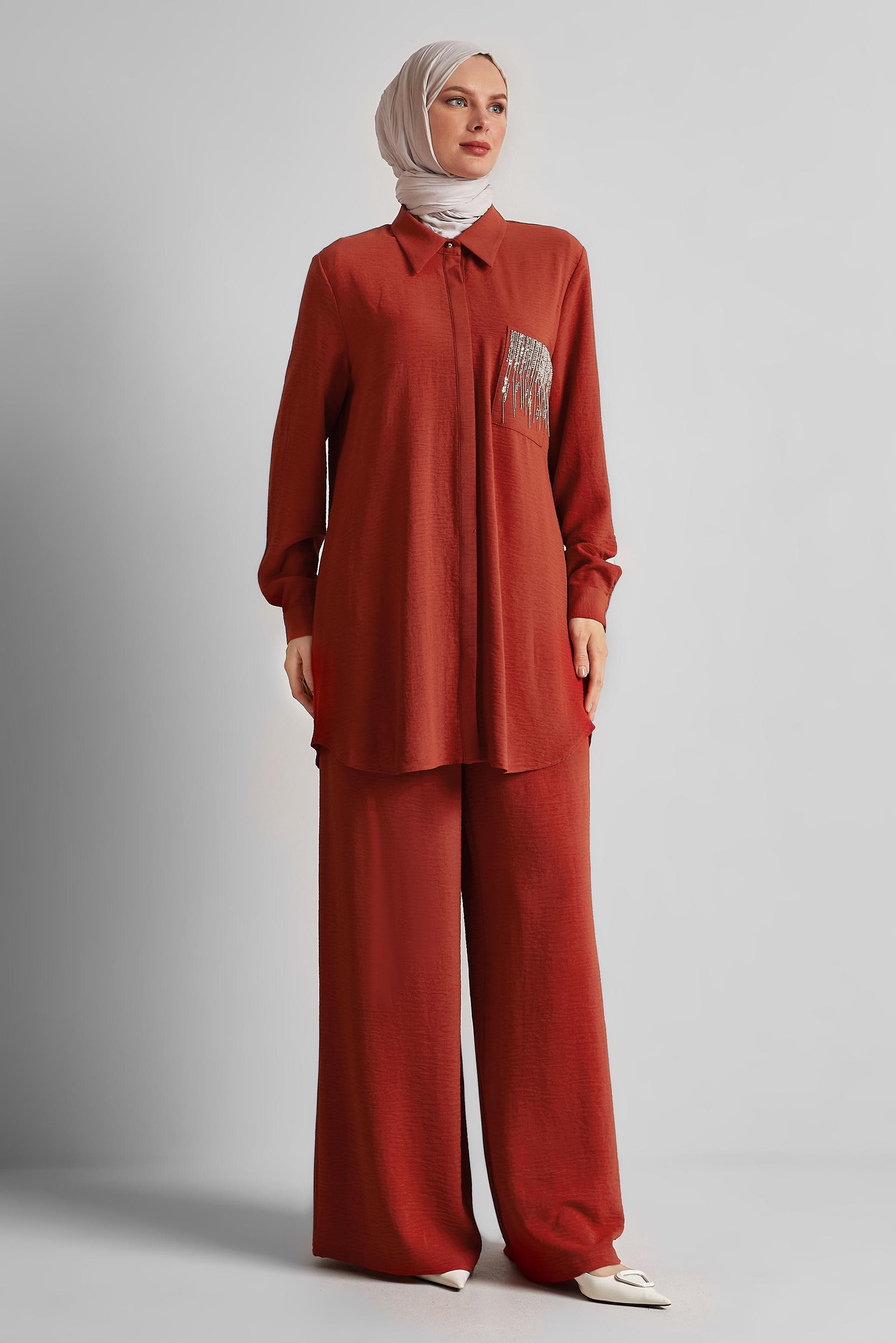 Tesettür giyim BORDO TAŞ BASKILI PANTOLONLU TAKIM 44681