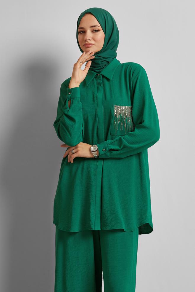 Tesettür giyim YEŞİL TAŞ BASKILI PANTOLONLU TAKIM 44681 - ALVİNA