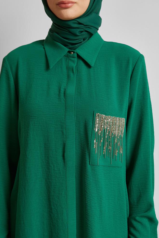 Tesettür giyim YEŞİL TAŞ BASKILI PANTOLONLU TAKIM 44681 - ALVİNA