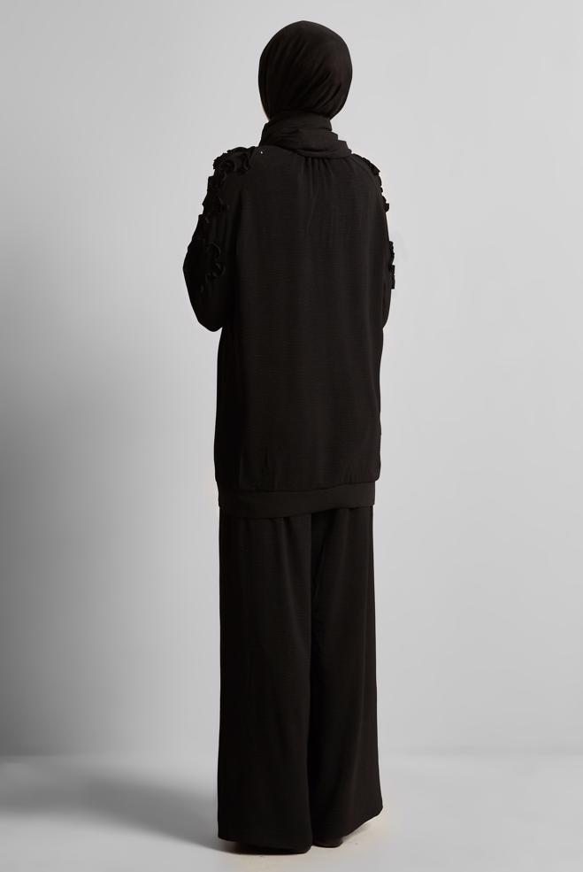 Tesettür giyim SİYAH GENİŞ PAÇA PANTOLONLU TAKIM 44698 - ALVİNA