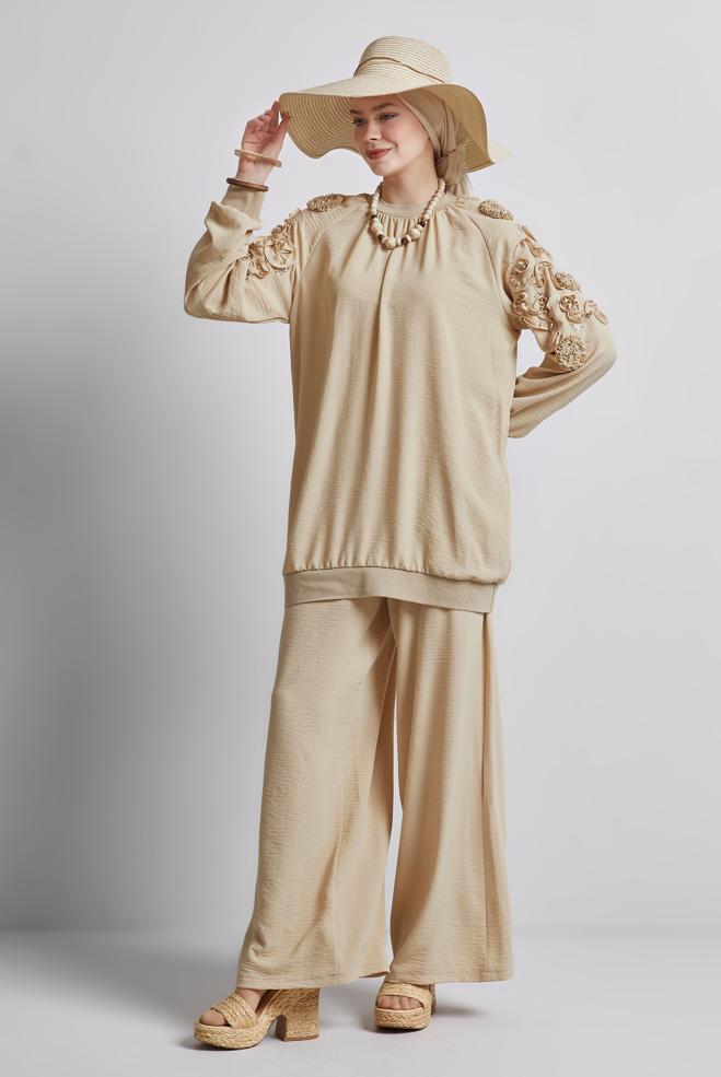 Tesettür giyim BEJ GENİŞ PAÇA PANTOLONLU TAKIM 44698 - ALVİNA